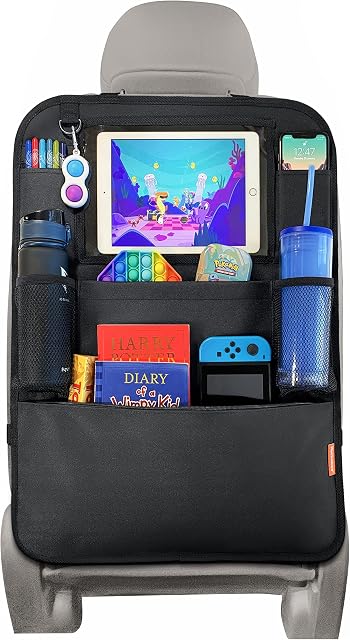 Huckaboo Car Seat Organiser - Kids Back Seat Organiser, Storage Pockets, Screen Holder, Black, 1 Pack