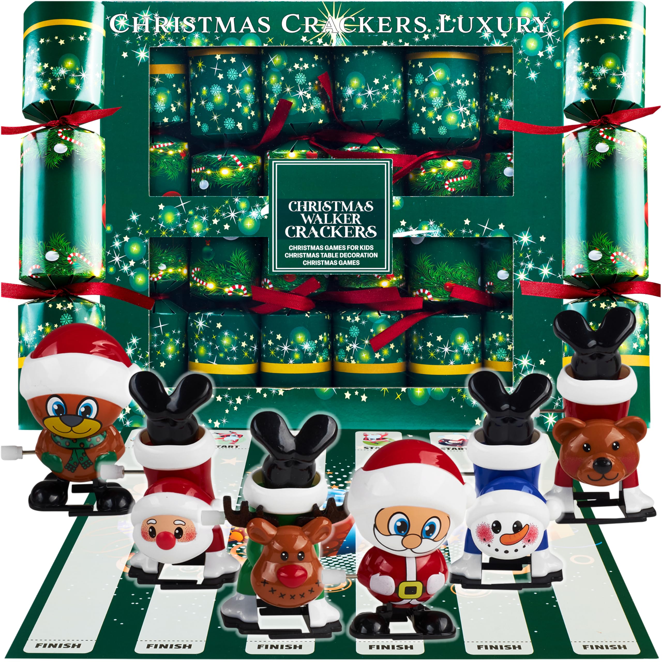 KreativeKraft Christmas Crackers Pack of 6, Mini Games or Wind Up Toys for Kids Family Dinner Parties, with Party Hats & Joke, Xmas Festive Decor (Green Walkers)