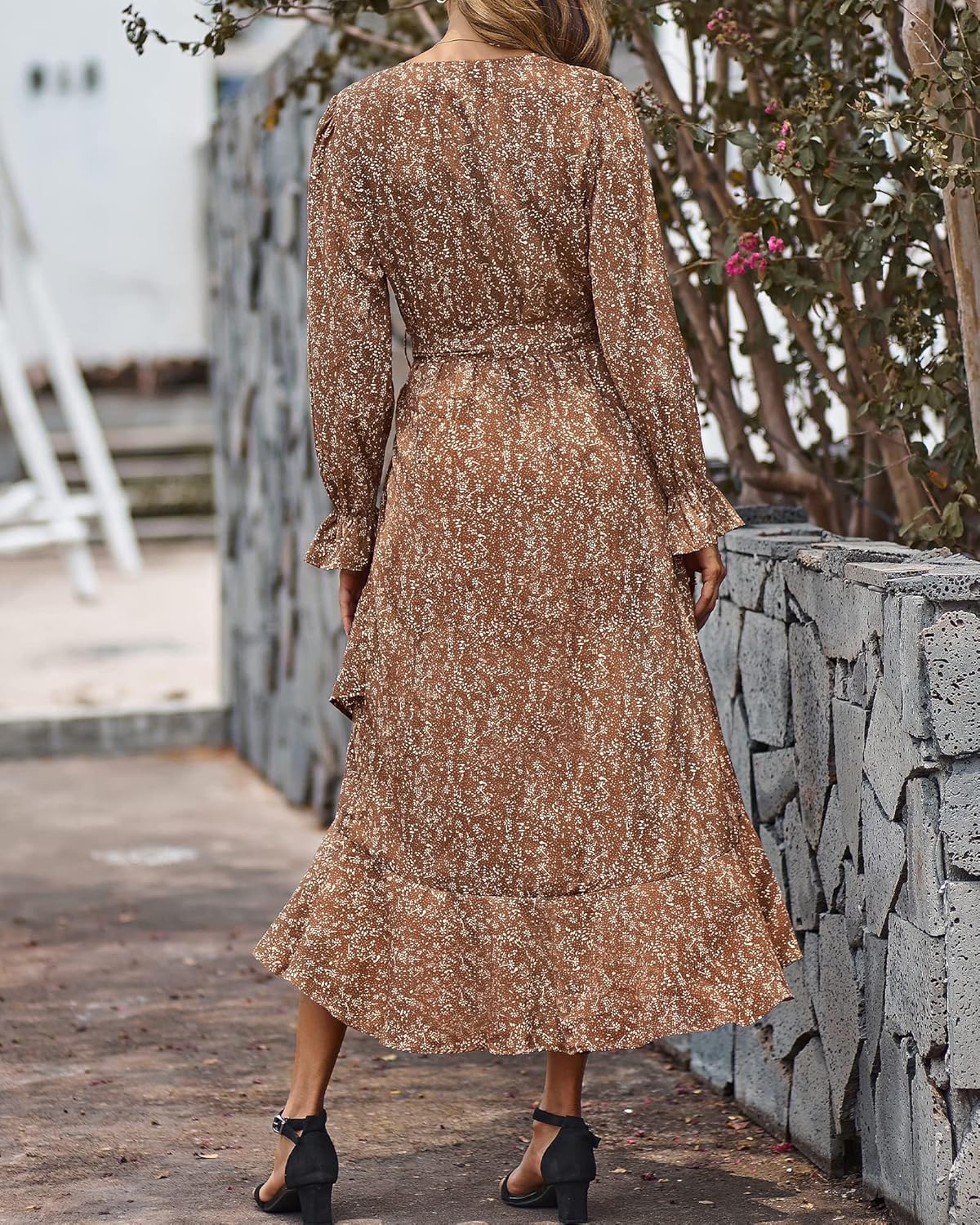 BTFBM Womens Dresses Spring Clothes 2026 V Neck Floral High Waist Ruffle Wedding Guest Cocktail Boho Long Sleeve Dress - Image 5