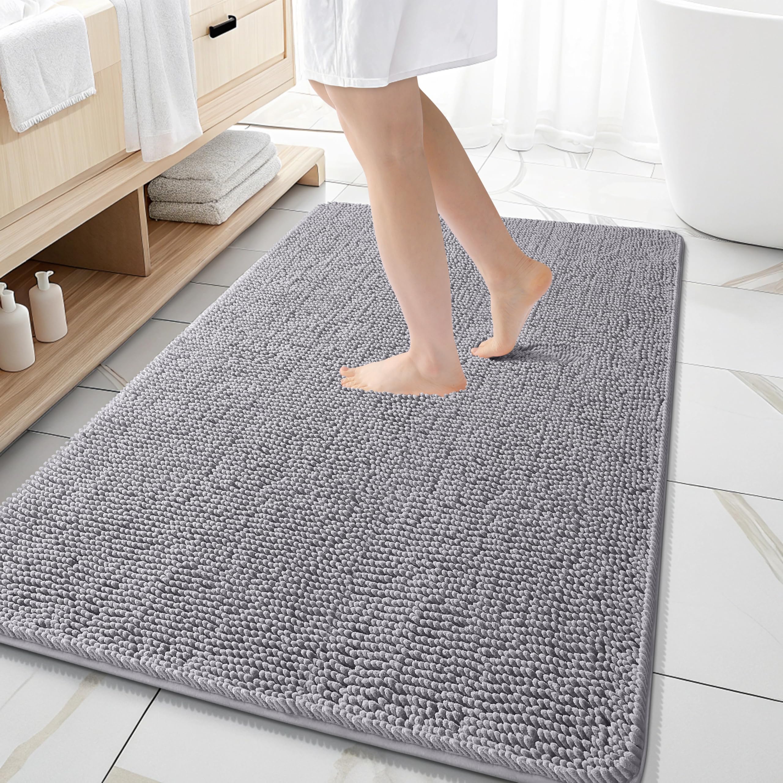 OLANLY Large Bathroom Rugs 59x35, Extra Soft Absorbent Chenille Bath Rugs | Grey, Quick-Drying Rubber Backing, Machine Washable Bath Mat for Bathroom Floor, Tub and Shower, Home Decor Accessories