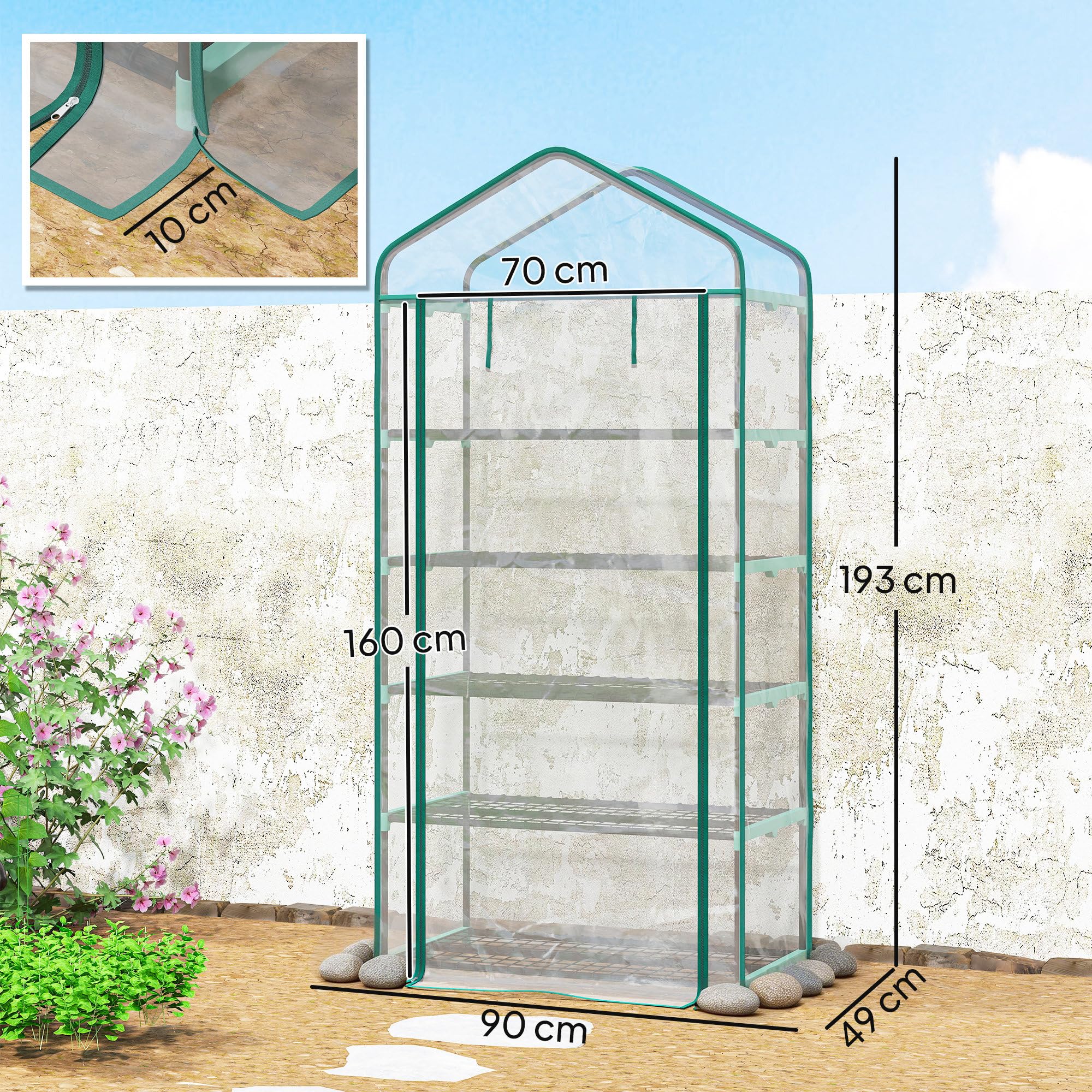 Outsunny Serra da Balcone a 5 Livelli con Ingresso Avvolgibile, Serra per Orto con Struttura in Acciaio e Copertura PVC, per Piante Orto Verdure Fiori Frutta, 90x49x193 cm, Trasparente