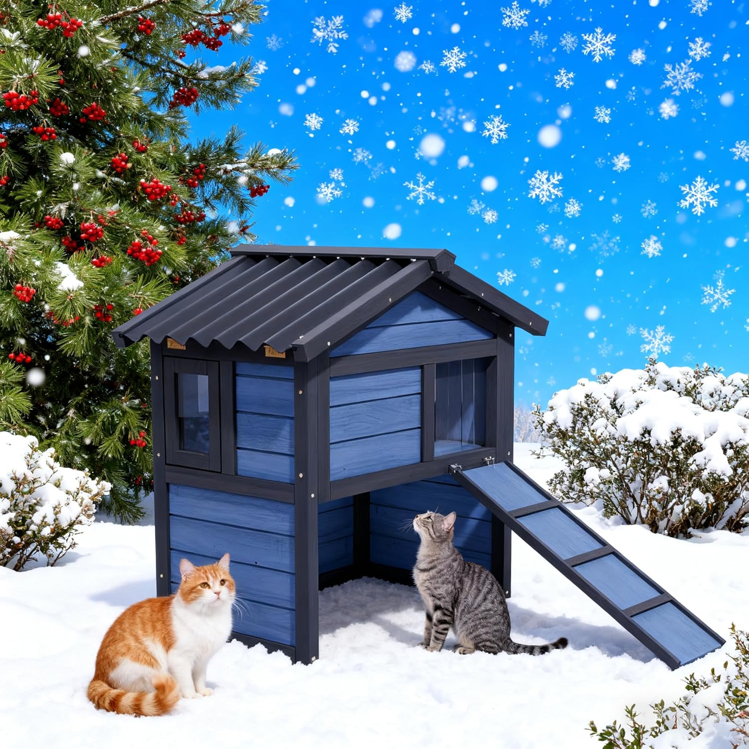 Outdoor Cat House,Weatherproof Cat Home Indoor 100% Insulated Foam Feral Cat Shelter Enclosure Small Pet House with Openable Roof,Flip Acrylic Side Door for Winter Outside (Blue, Medium)