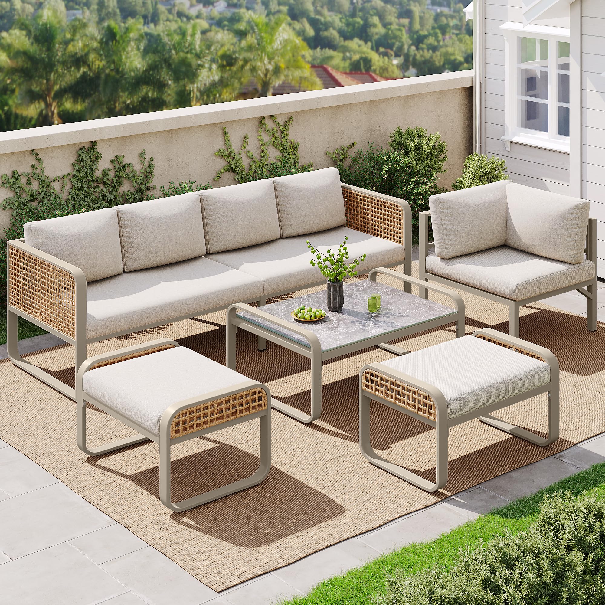Ensemble salon de jardin extérieur pour 6-7 personnes, canapé de jardin, canapé d'angle avec structure en fer galvanisé, pieds réglables, y compris tous les coussins d'assise et de dossier, beige