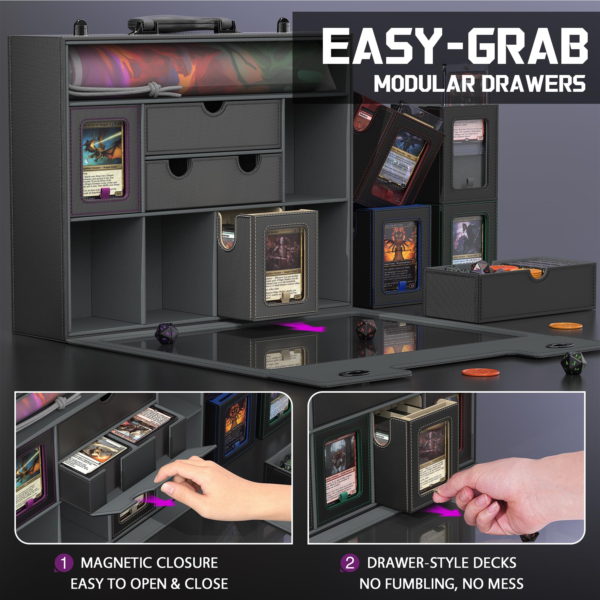 Kabinka MTG Commander Deck Box, boîte de rangement modulaire 9 en 1 pour cartes TCG avec plateau à dés et boîte buffet, étui à cartes d'une capacité de 6 plateaux, comprend 6 porte-cartes magnétiques