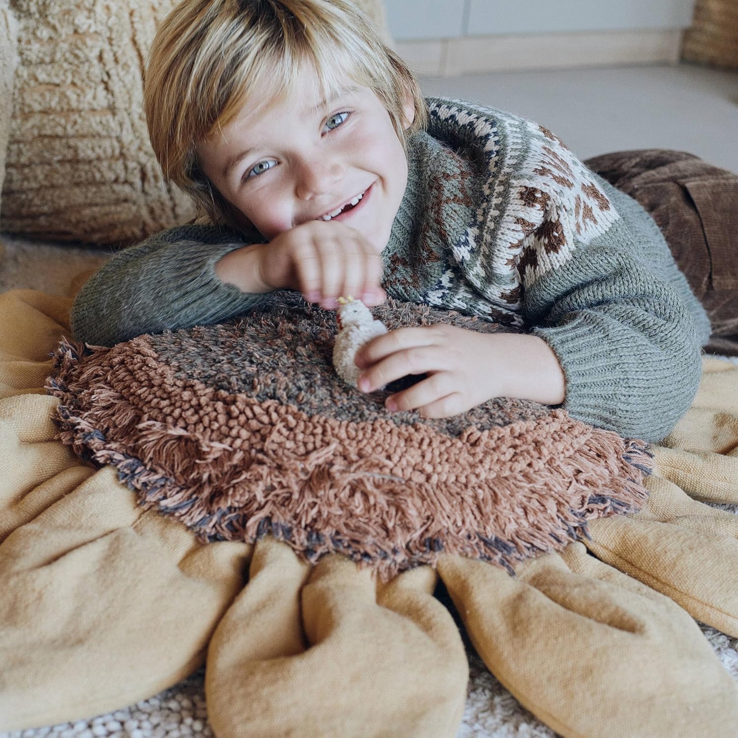 Lorena Canals Floor Cushion Sunflower, 2'11" x 2'11" for Bedroom, Handmade, Sunflower.