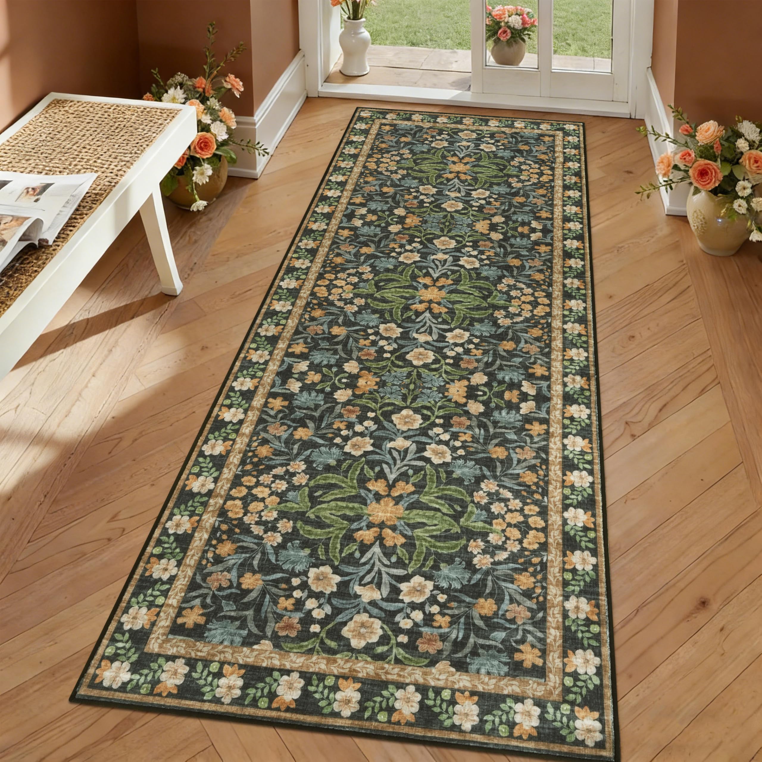 Edlbaegy Carpet Runners for Hallways Washable Floral Hallway Runner Rug Dark Brown 65x180cm Boho Non-slip Kitchen Runner Floor Mat Low Pile Floor Carpet for Entrance Laundry Bedroom — image 1