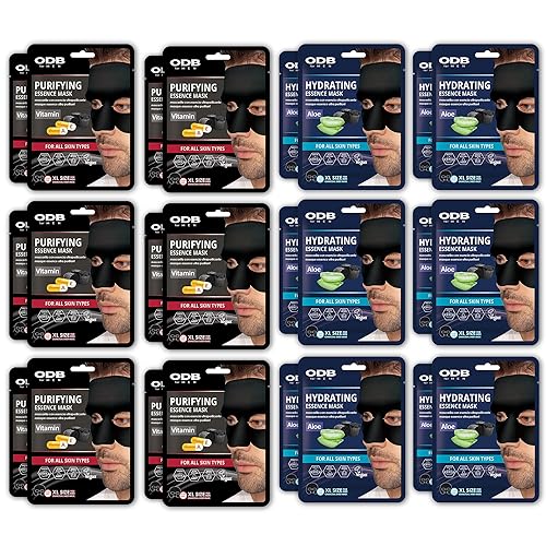 ODB - Máscara facial de esencia de carbón para hombres barbudos, paquete de 24 mascarillas faciales hidratantes y vitaminas purificadoras para