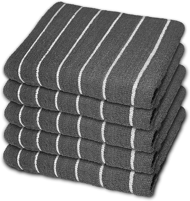 SPINGTON Luxury Stripe Designed Heavy Duty Kitchen Tea Towels - Large Size 65 x 41 cm, 100% Pure Cotton, Super Absorbent and Durable - Lint Free Dish Towels (Pack of 5) GREY