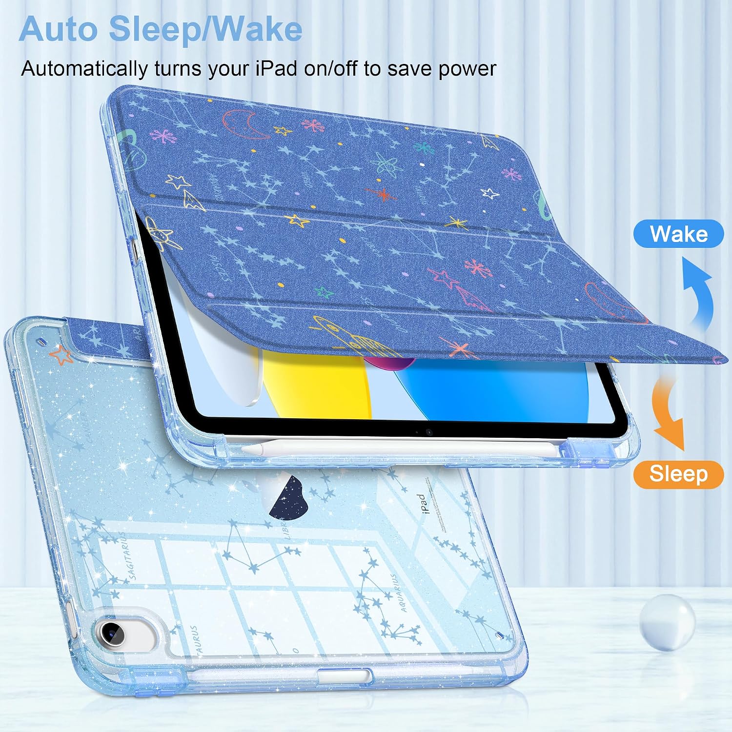 Sparkle Case for iPad Air 11 inch M4 2026 M3 2025 M2 2024 Release with Pencil Holder - Premium Satin-Touch Cover, Glitter Clear Back, Cute Trifold Protective Skin - Galaxy Constellations