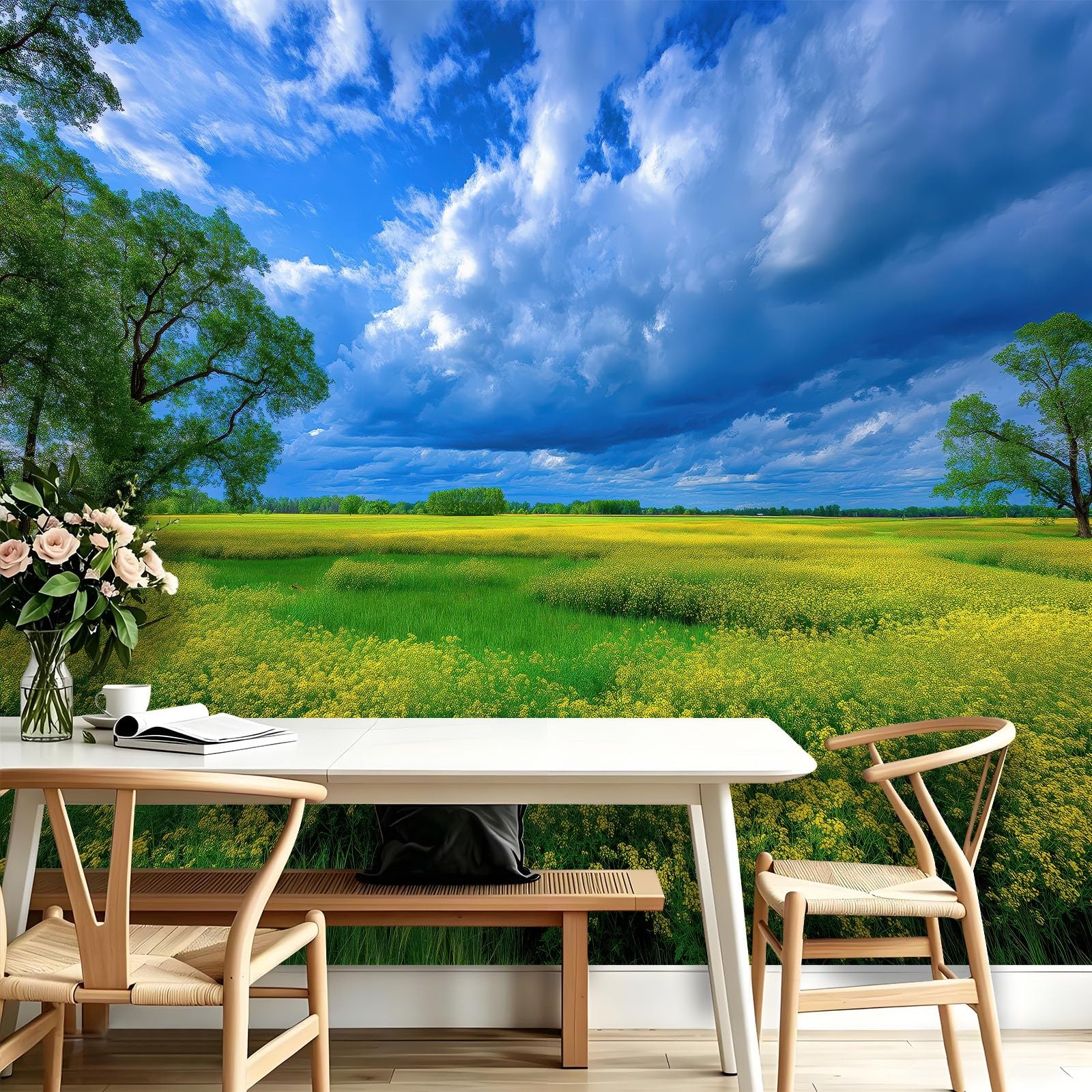 Carta da parati in tessuto non tessuto, 400 x 280 cm, decorazione da parete per sala da pranzo, corridoio, facile da montare, paesaggio, campo di colza, cielo, fiori