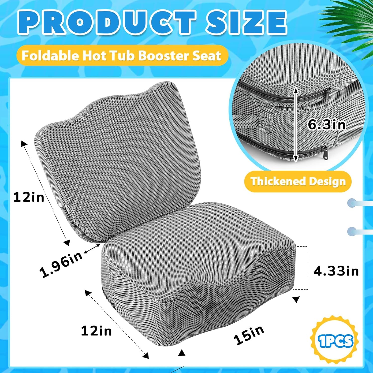 Yerliker 1 Pcs Foldable Hot Tub Booster Seat for Adults Adjustable 2 Heights up to 6.3", Weighted Booster Seat 3D Air Mesh Hot Tub Accessories Quick Dry Micro Dot Non Slip for Spa Bathtub Pool (Gray)