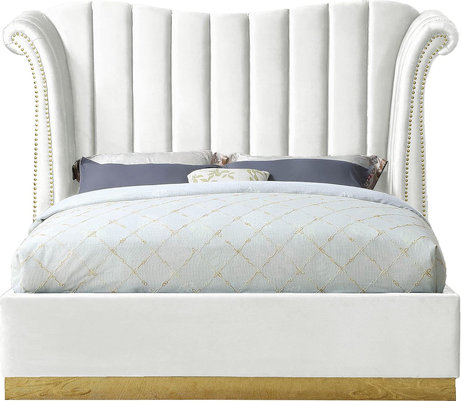 Meridian Furniture Flora Collection Modern | Contemporary Velvet Upholstered Bed Nailheads, Deep Channel Tufting and Gold Metal Base, King, White