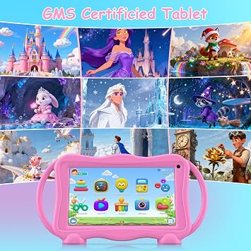 Kids Tablet 7 Inch Tablets for Kids 3-12, 32GB Toddler Tablet with Dual Camera, Parental Control, Solid Case, WiFi, GMS, Android Learning Software Installed (Pink)