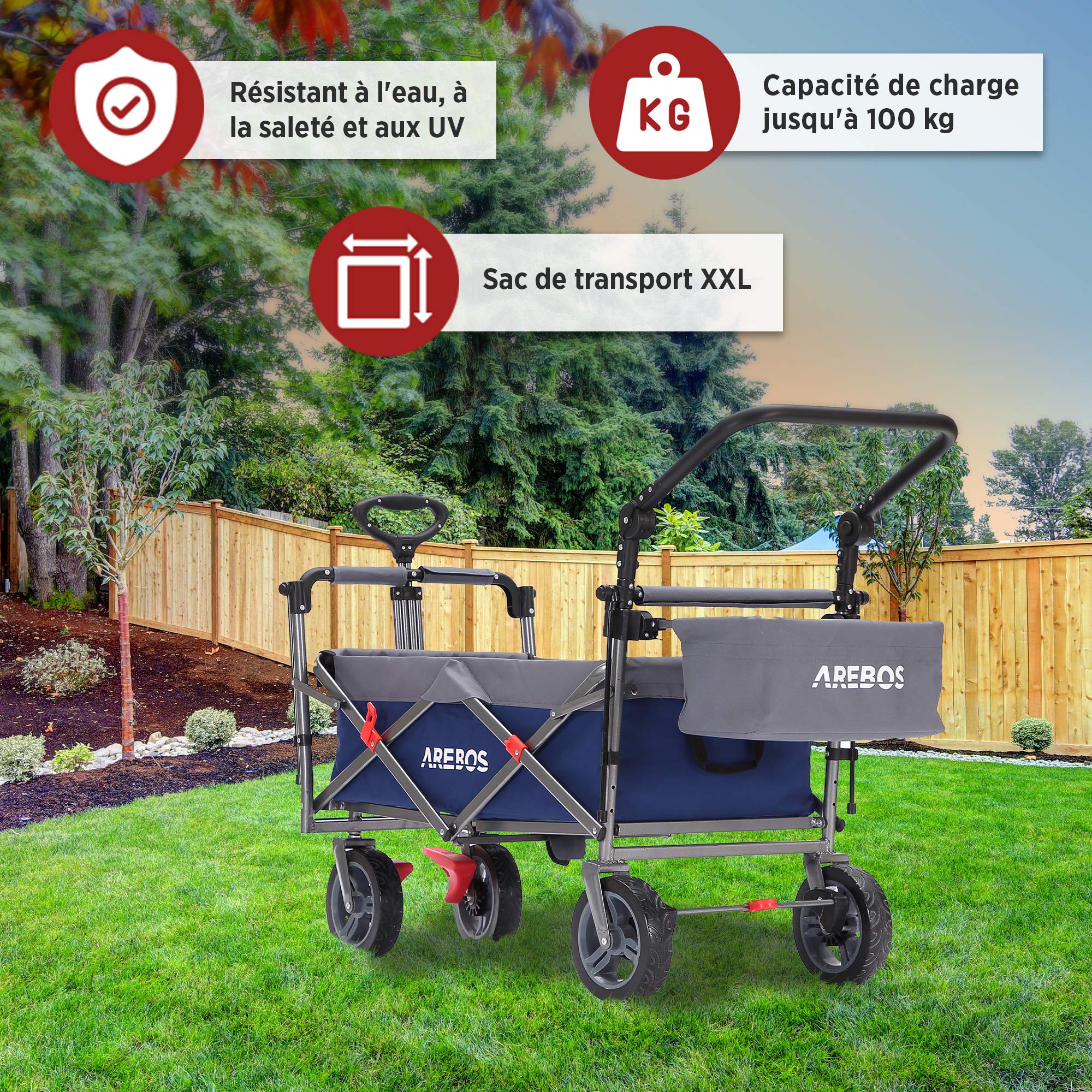 Arebos Chariot de Transport Pliable de qualité supérieure avec Toit | Chariot de Transport | Pliable | Jusqu'à 100 kg | Frein Avant et arrière | Bleu