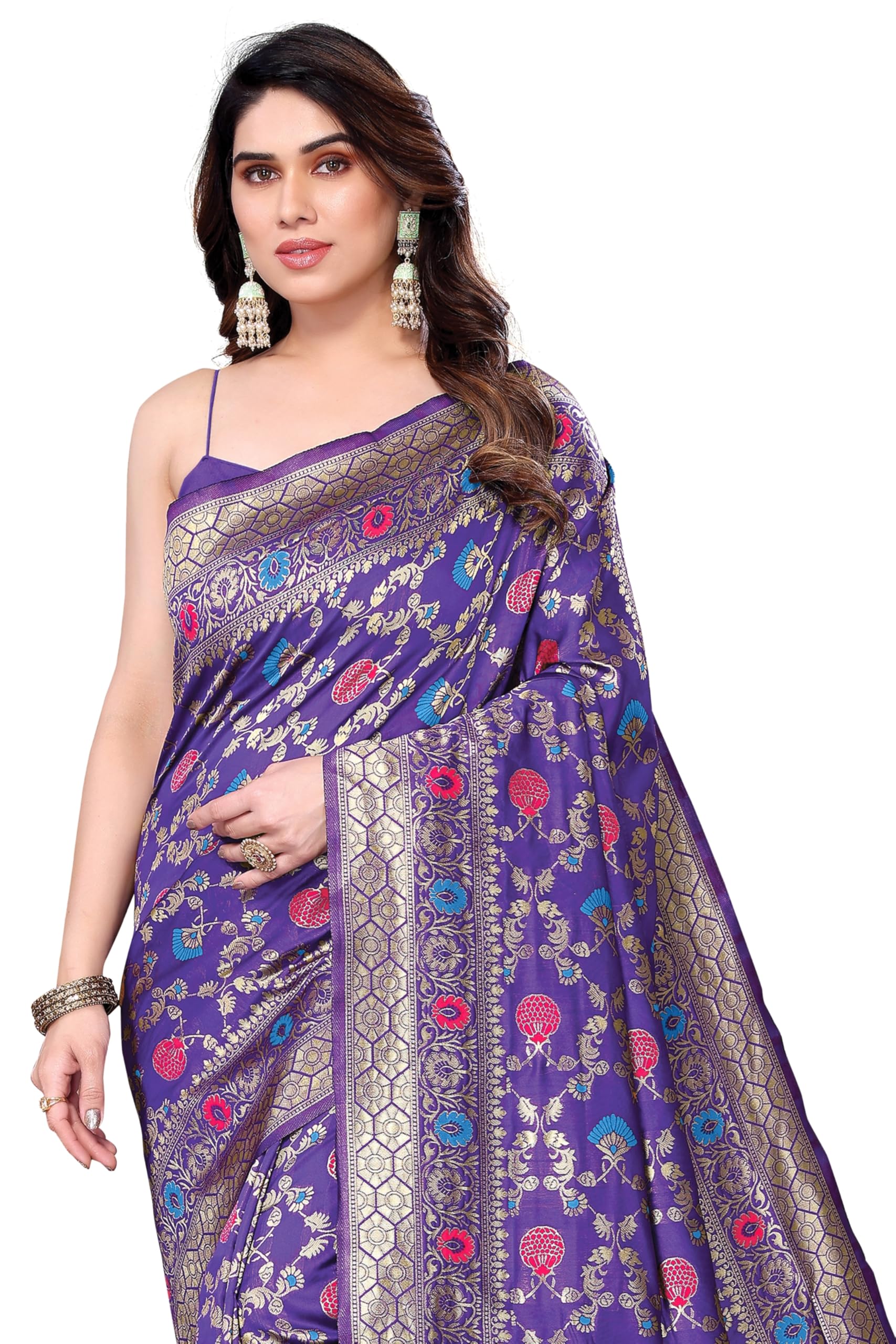 mirchi fashion Women's Silk Blend Woven Floral Print Saree with Blouse Piece-picture-25