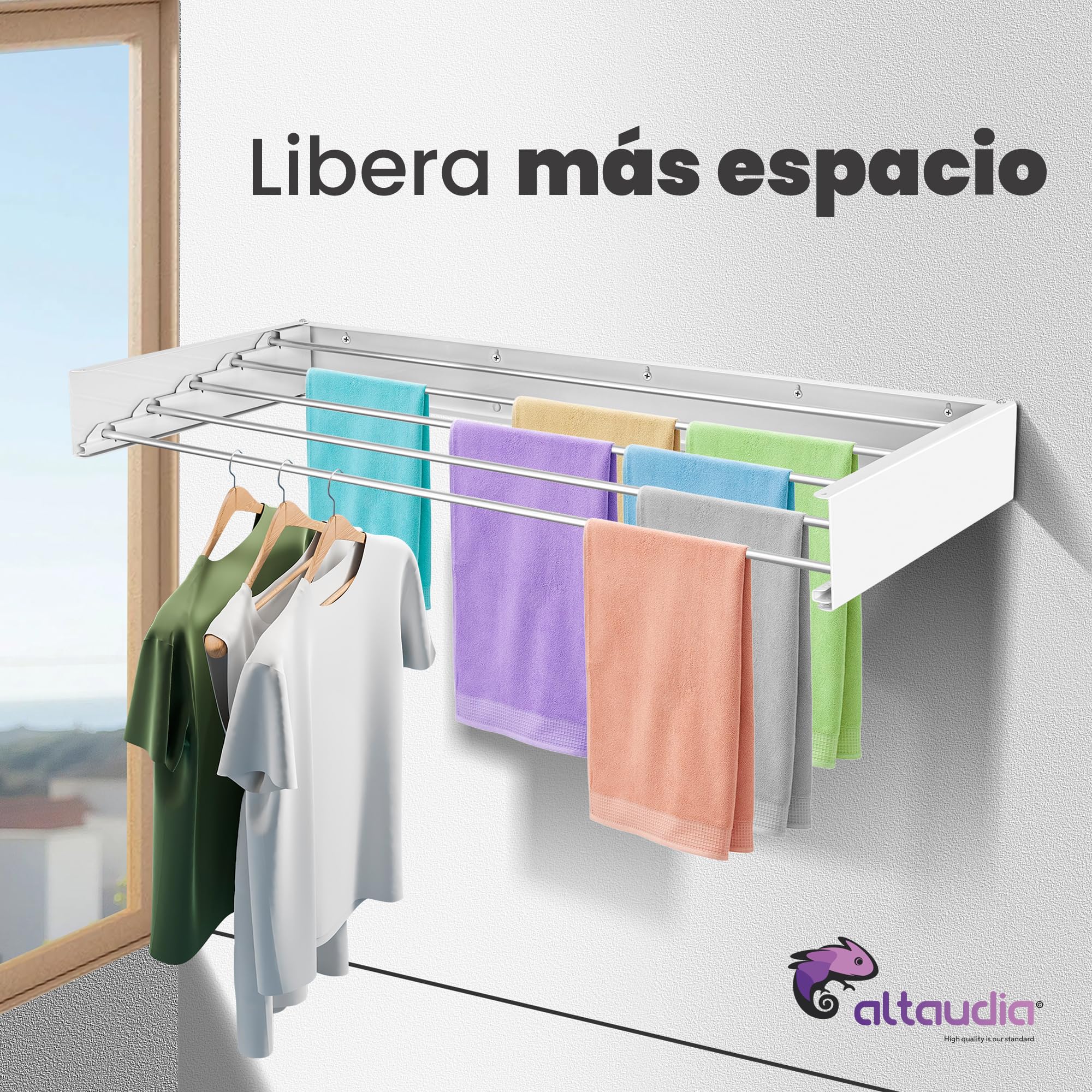 Tendedero Extensible de Pared 100cm Antioxidante - Invisible y Plegable con 5 Tubos de Aluminio, Extensible 9.5-50cm, Instalación en Pared Interior o Exterior, Instala sin Dificultad