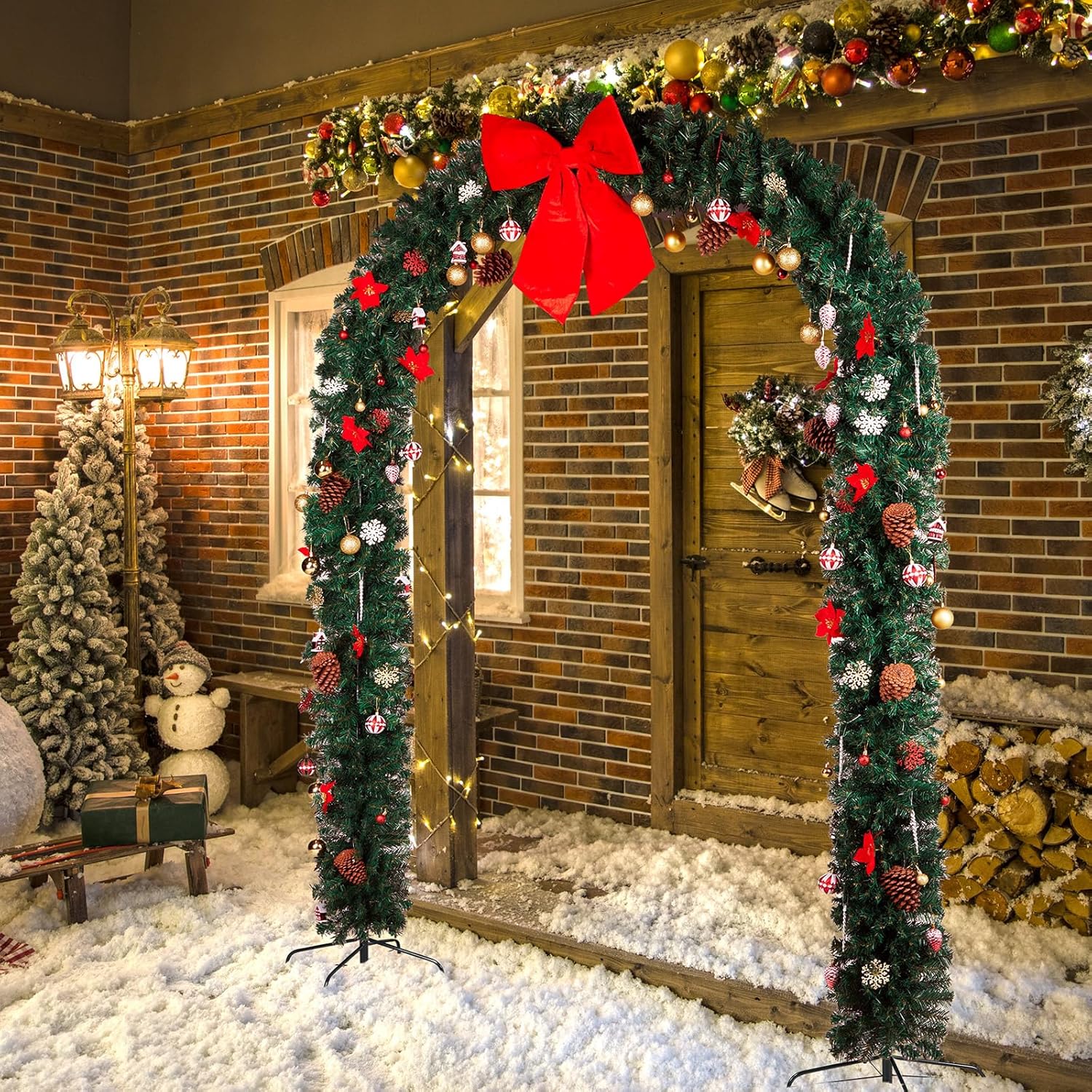 Outvita Christmas Archway Decoration, 9ft Artificial Tree Stand with Arch Top and Christmas Ornaments, Background Stand for Outdoor Indoor Room Festival Decoration