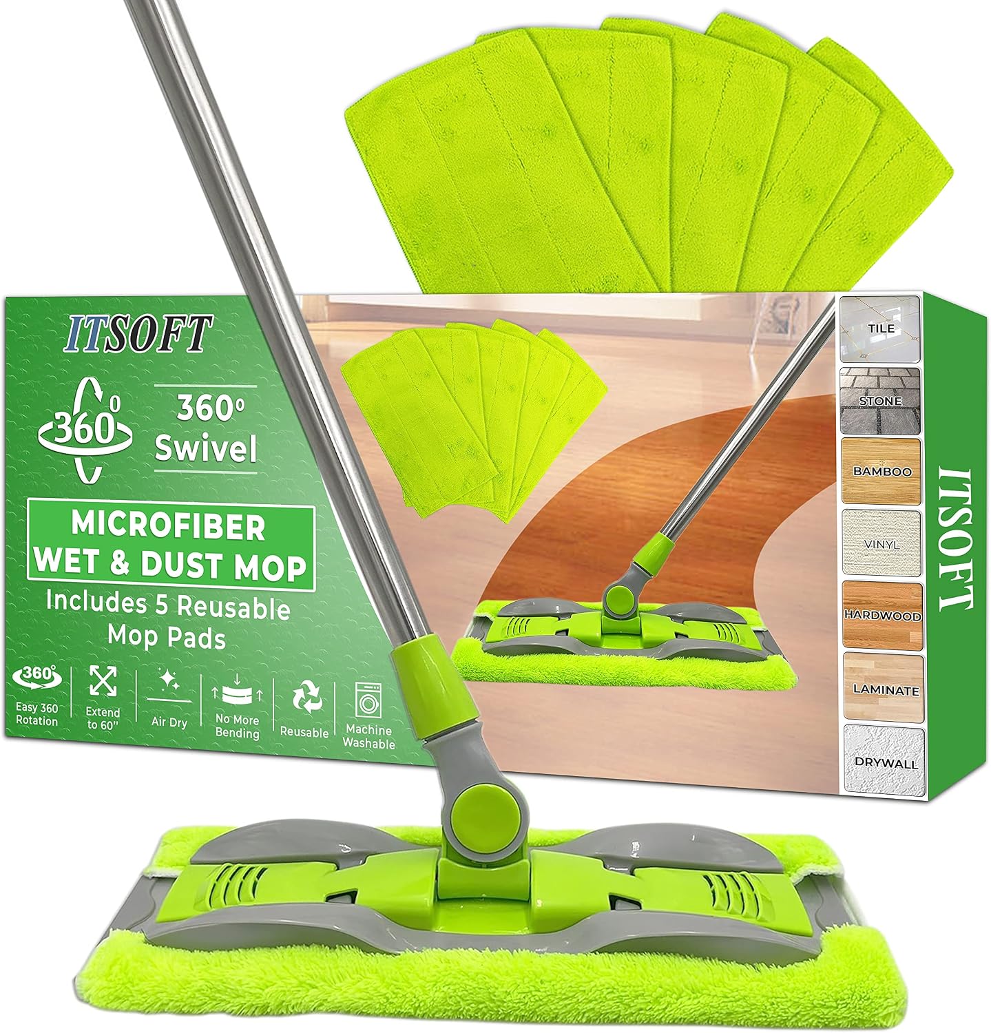 ITSOFT Microfiber Hardwood Floor Mop - Stainless Steel Handle with Extension and 5 Reusable Mop Pads, for Wet or Dry Floor Cleaning, Green