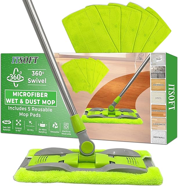 Professional Flat Floor Mops, 360 Degree Rotatable Aluminum Mop Frame, Robust Stainless Handle, and 5 Microfiber Cloth Pad