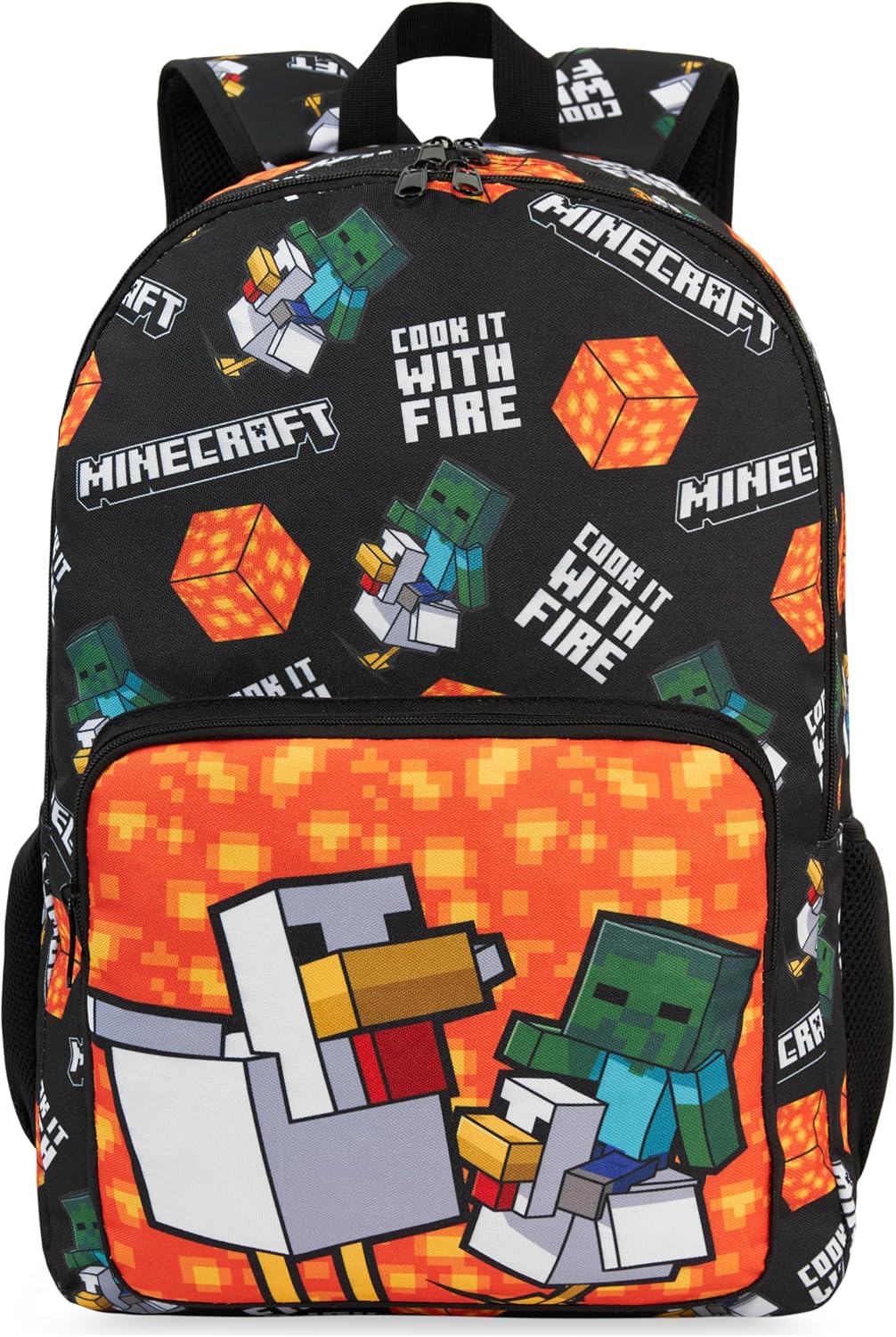 Get Trend Minecraft Kids Backpack, Lightweight 18 inch Creeper Book Bag with Padded Straps for Travel School Bag Gamer Gifts (Black/Orange Minecraft)