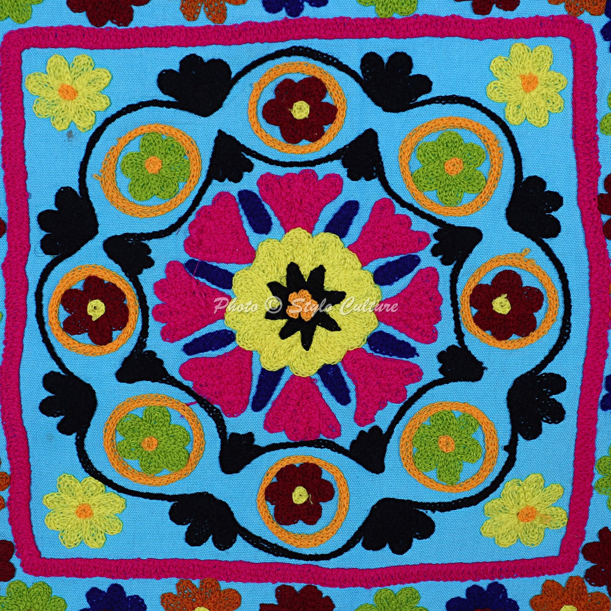 Bohemien Dekorativ Baumwolle Couch Kissenbezüge 40x40 cm Türkis Dekokissen Suzani Bestickte Pom-Pom-Spitze Schlafzimmer Sofa Kissen Bezüge Blumen Quadrat Kissenhullen - 4 STK.