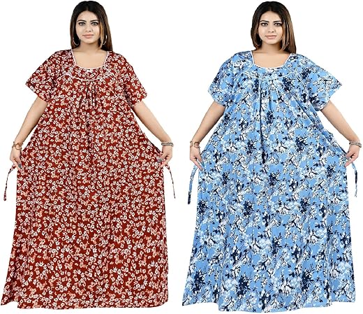 BINDASS FEMALE COLLECTION Women Cotton Maxi Nighty Pack of 2 – Plus Size Loose Fit Nightdress, Soft Breathable Printed Sle...