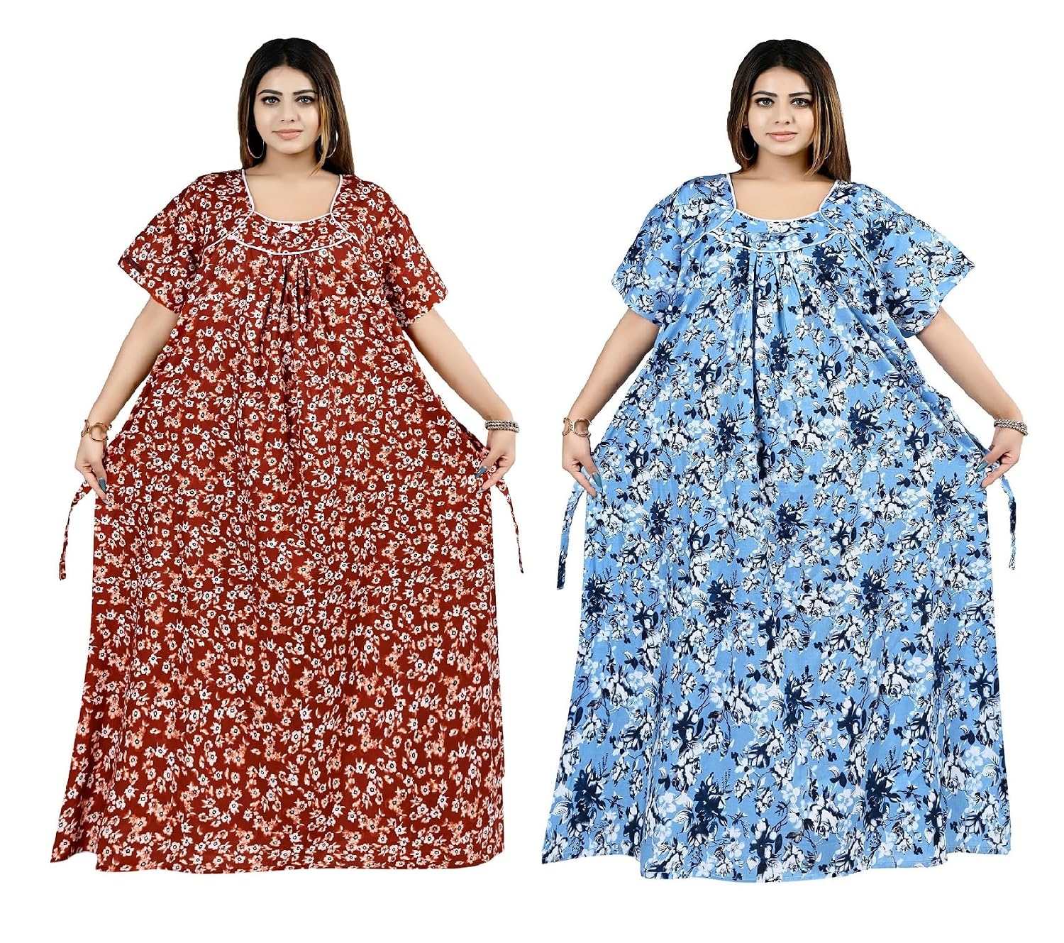 BINDASS FEMALE COLLECTION Women Cotton Maxi Nighty Pack of 2 – Plus Size Loose Fit Nightdress, Soft Breathable Printed Sle...