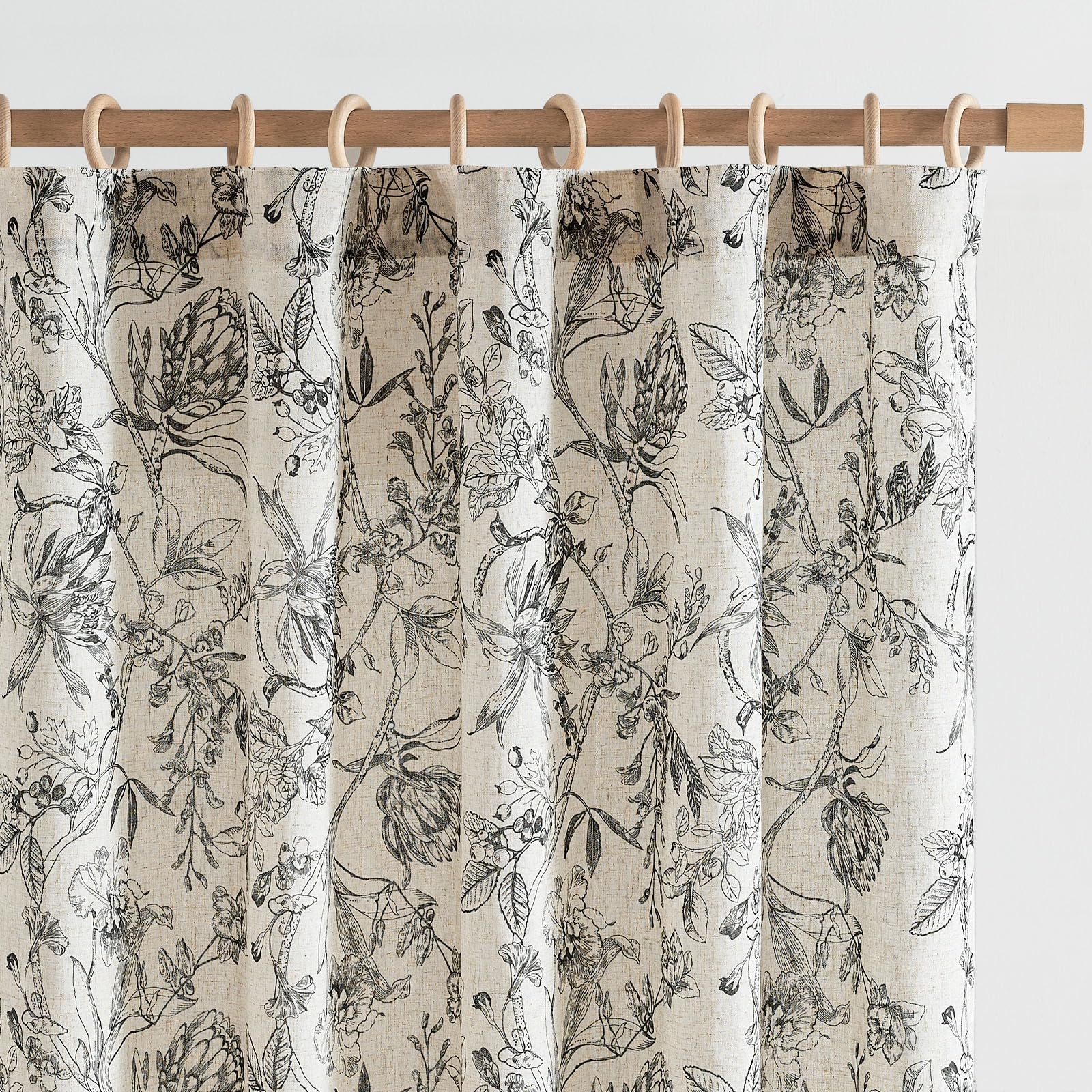 jinchan Floral Curtains 90 Inch Length Black Flower Linen Farmhouse Curtains for Living Room French Country Vintage Curtains Rod Pocket Curtains Set 2 Panels Balck Flower Printed Curtains