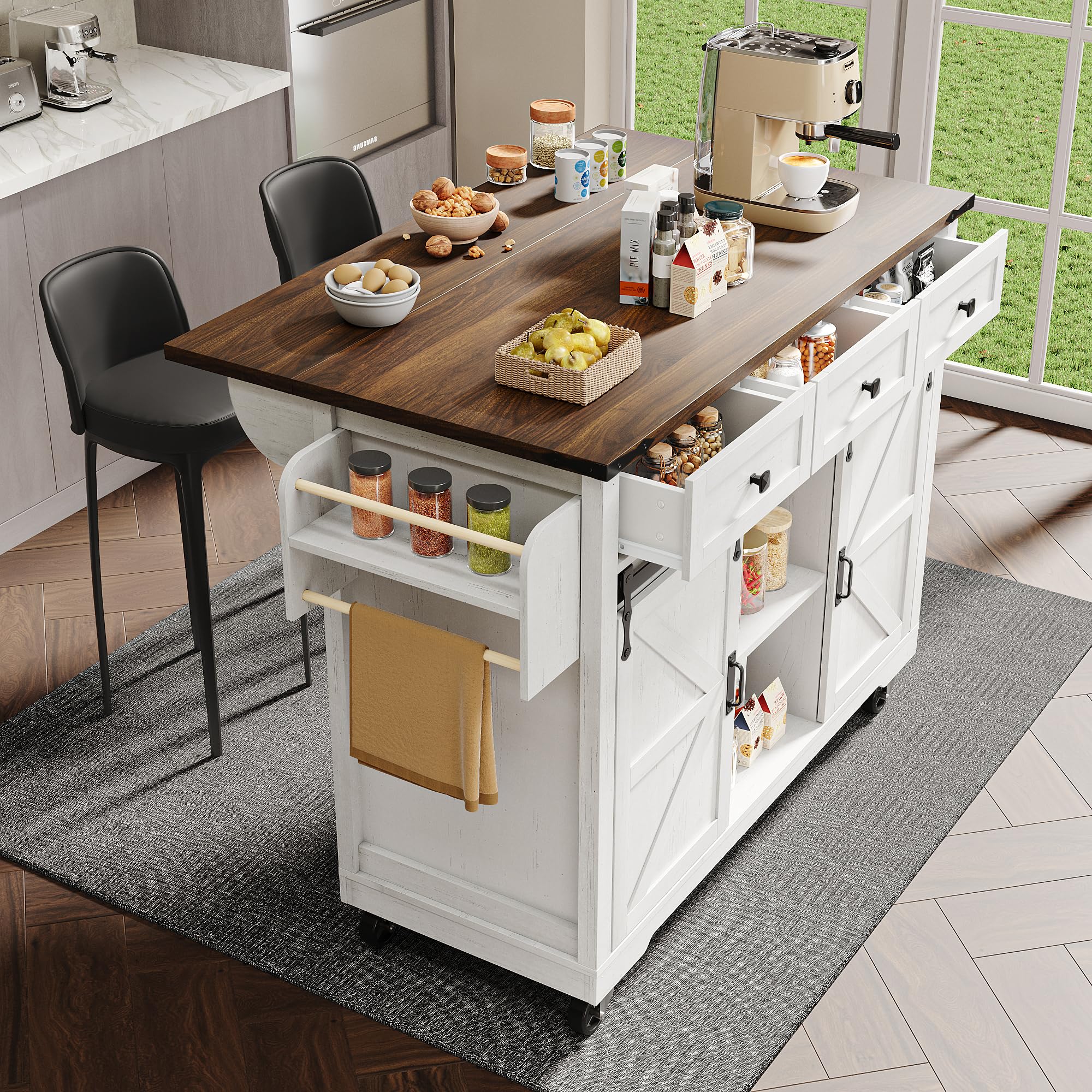 Ymkua Küchenwagen, Kücheninsel Küchenschrank, Speisewagen Anrichte auf Rollen, Esswagen Anrichte mit 2 Türen und 3 Schubladen, Buffetschrank mit Ausziehbarer Arbeitsplatte für Esszimmer, Küche, Beige