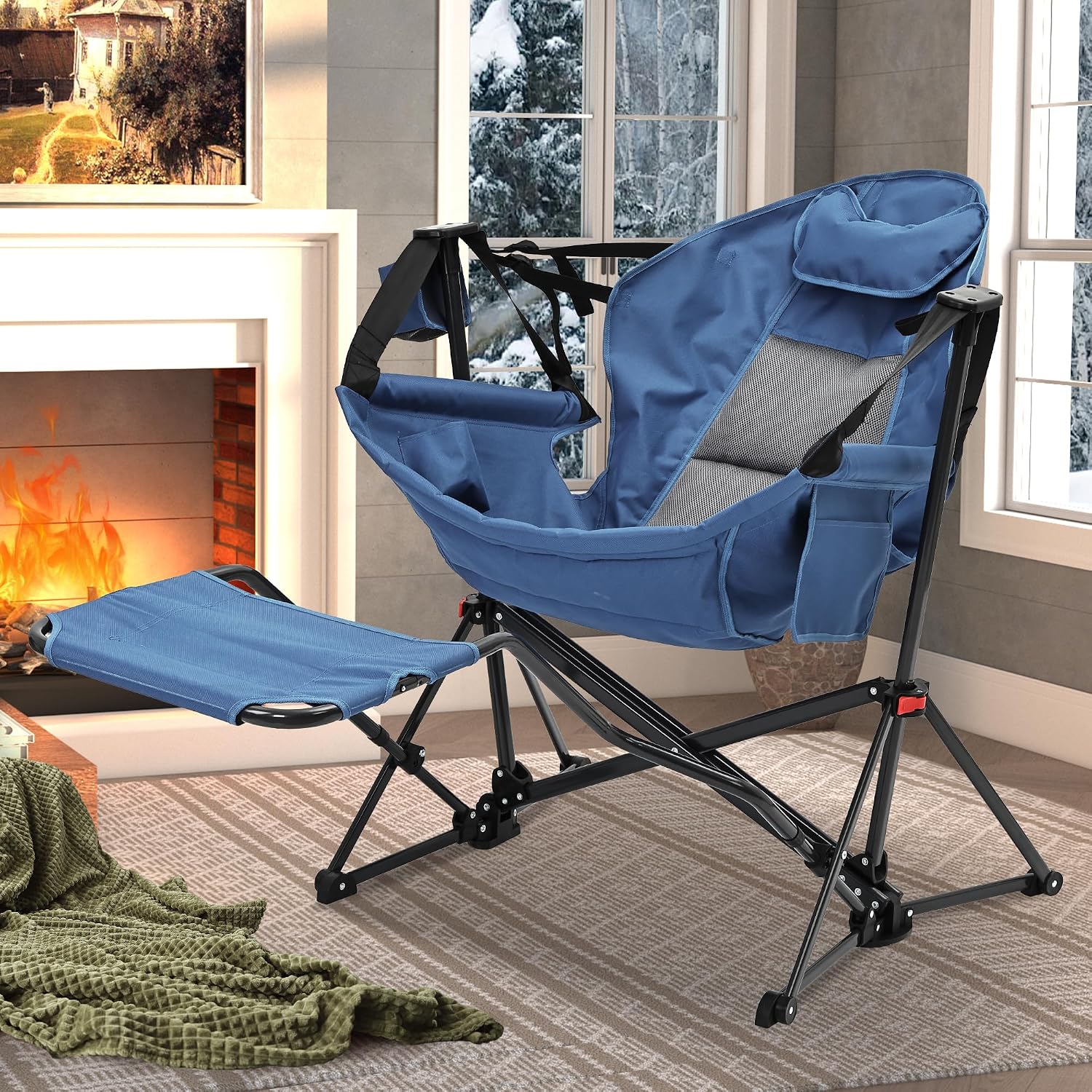 Ainfox Hammock Camping Chair with Footrest, Heavy Duty Foldable Portable Rocking Hammock Chairs Outside Swinging Camp with Cup Holder Pillow for Outdoor Patio Poolside Dark Blue 2 Pack