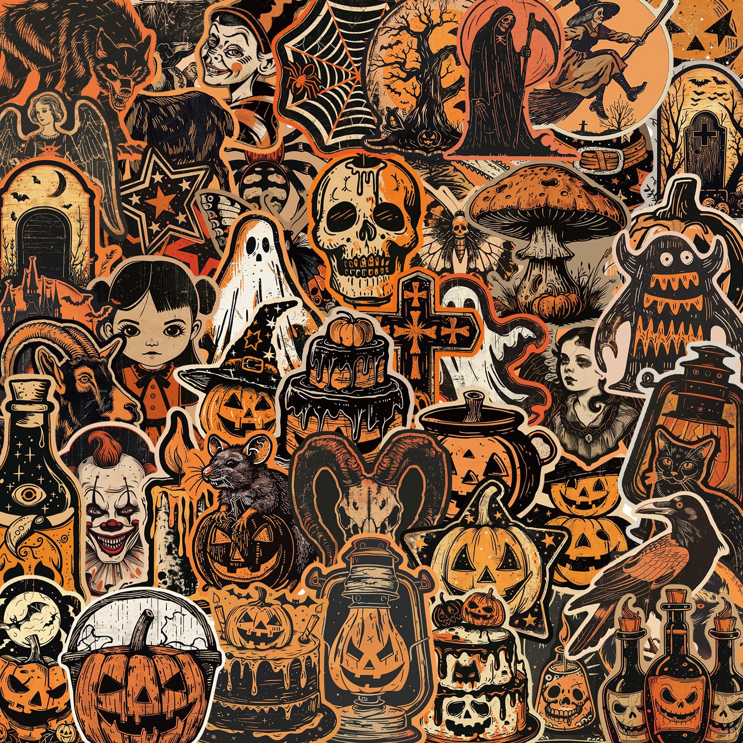 50Pcs Retro Halloween Stickers Laptop Car Scrapbook Phone Skateboard Suitcase Luggage Bike Cute Halloween Vinyl Waterproof Aesthetic Personalised Stickers for Teens Boys Girls Adults - Image 2