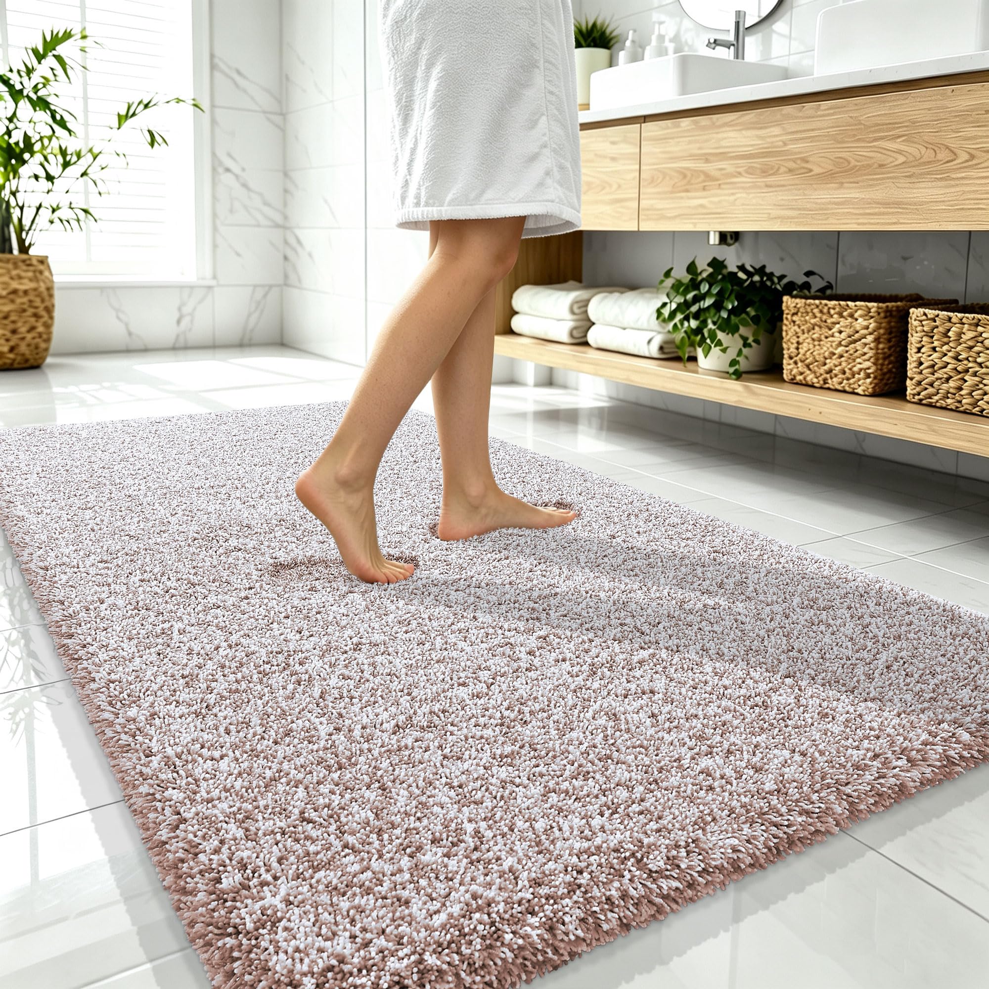 OLANLY Microfiber Bath Rugs - Deep Rose & White -28