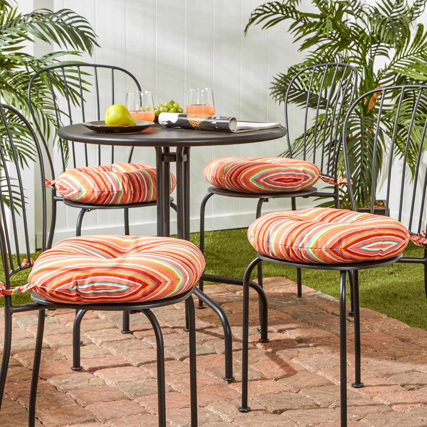 Greendale Home Fashions 15 in. Round Outdoor Bistro Chair Cushion in Coastal Stripe (set of 4), Watermelon