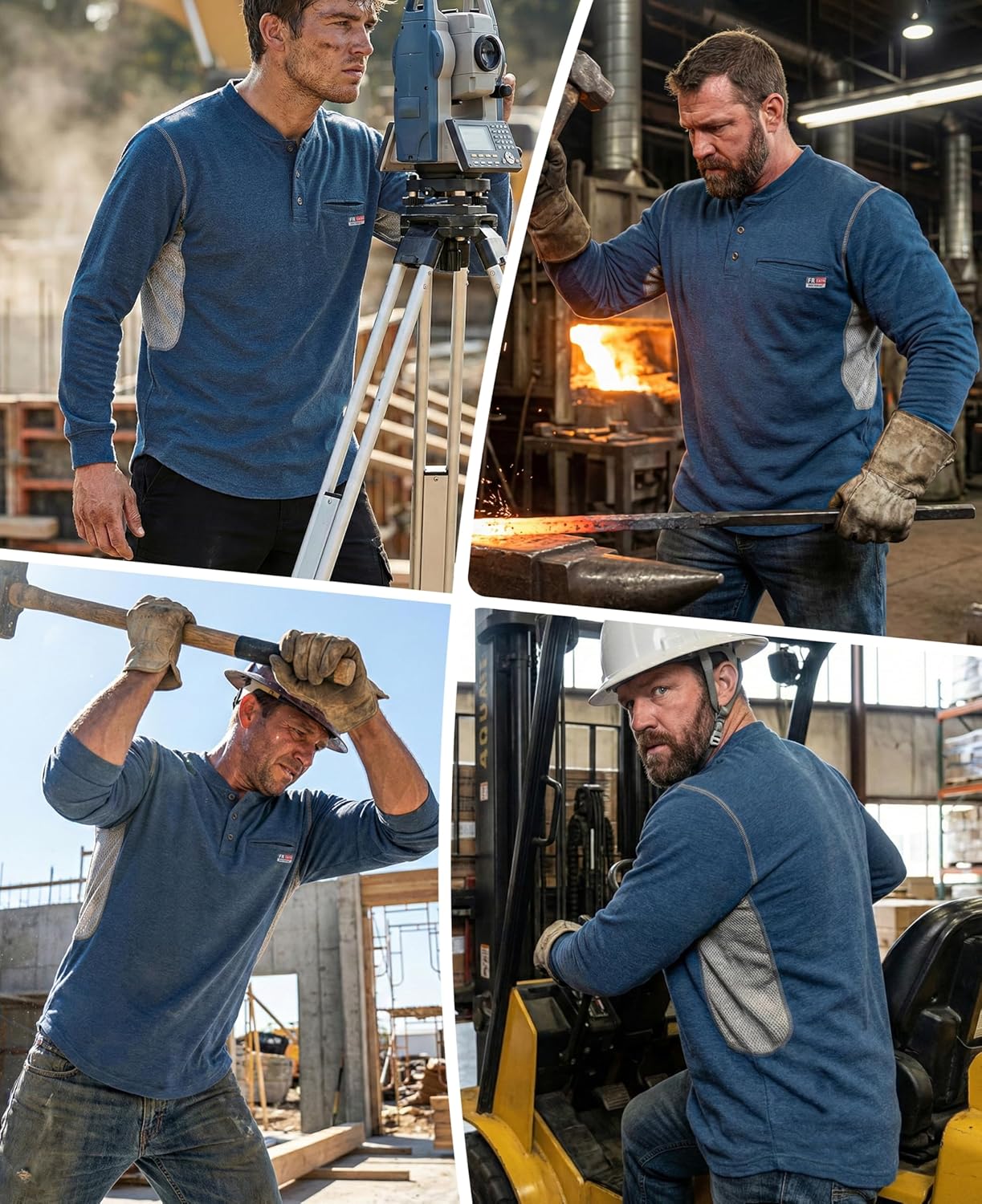 BOCOMAL FR Shirts for Summer Breathable Vented Design 6oz Heather Jersey Flame Resistant Long Sleeve Henley Work Shirt