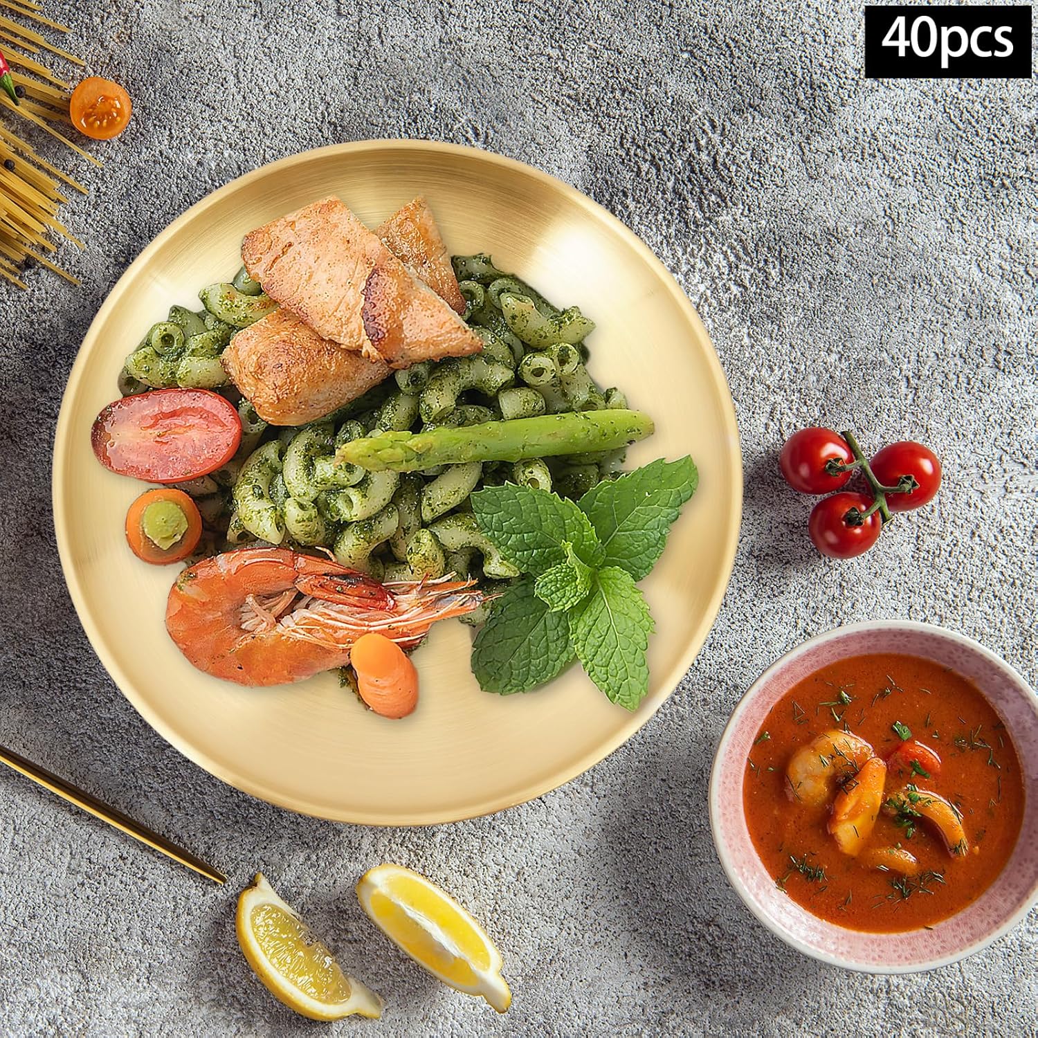 40 Pcs Gold Round Plates Bulk, 8 inch Stainless Steel Dinner Dishes, Camping Serving Plates for Party, BBQ, Snack,Table Setting Decoration, Salad, Appetizer, Fruit, Reusable and Dishwasher Safe