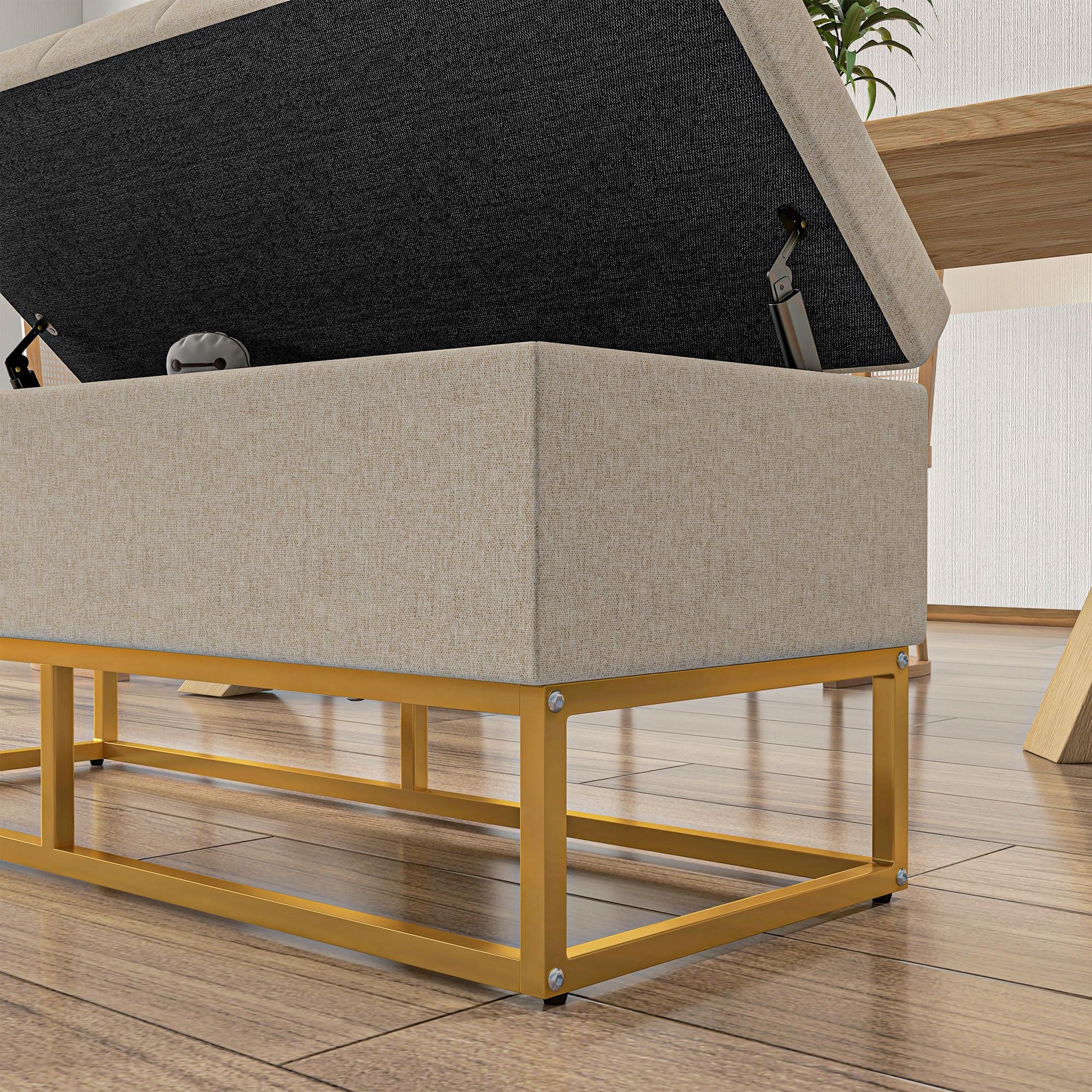 HOMCOM Baúl de Almacenaje para Dormitorio Puff de Almacenaje Tapizado de Lino Sintético con Tapa Abatible y Patas de Acero para Salón 110x44x48 cm Beige