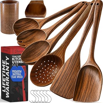 PriorityChef Wooden Spoons for Cooking, Premium 6pc Teak Wood Utensil Set with Hanging Hooks, Utensil Holder and Spoon Rest