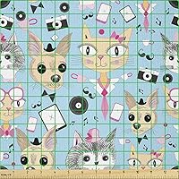 Vista 442 de Ambesonne Tela de Fiesta Popstar por Yarda, Estilo de Dibujos Animados Garabatos Dibujados a Mano Tema Musical Impresión de Arte Lineal, Tela