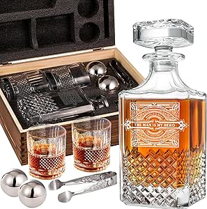XmanKing Whiskey Decanter, Decanter Sets For Men, Whiskey Glasses, Stainless Steel Whiskey Stones And Tongs With Wooden Gift Box, Father's Day Gifts For Dad, Retirement Birthday Gifts For Men