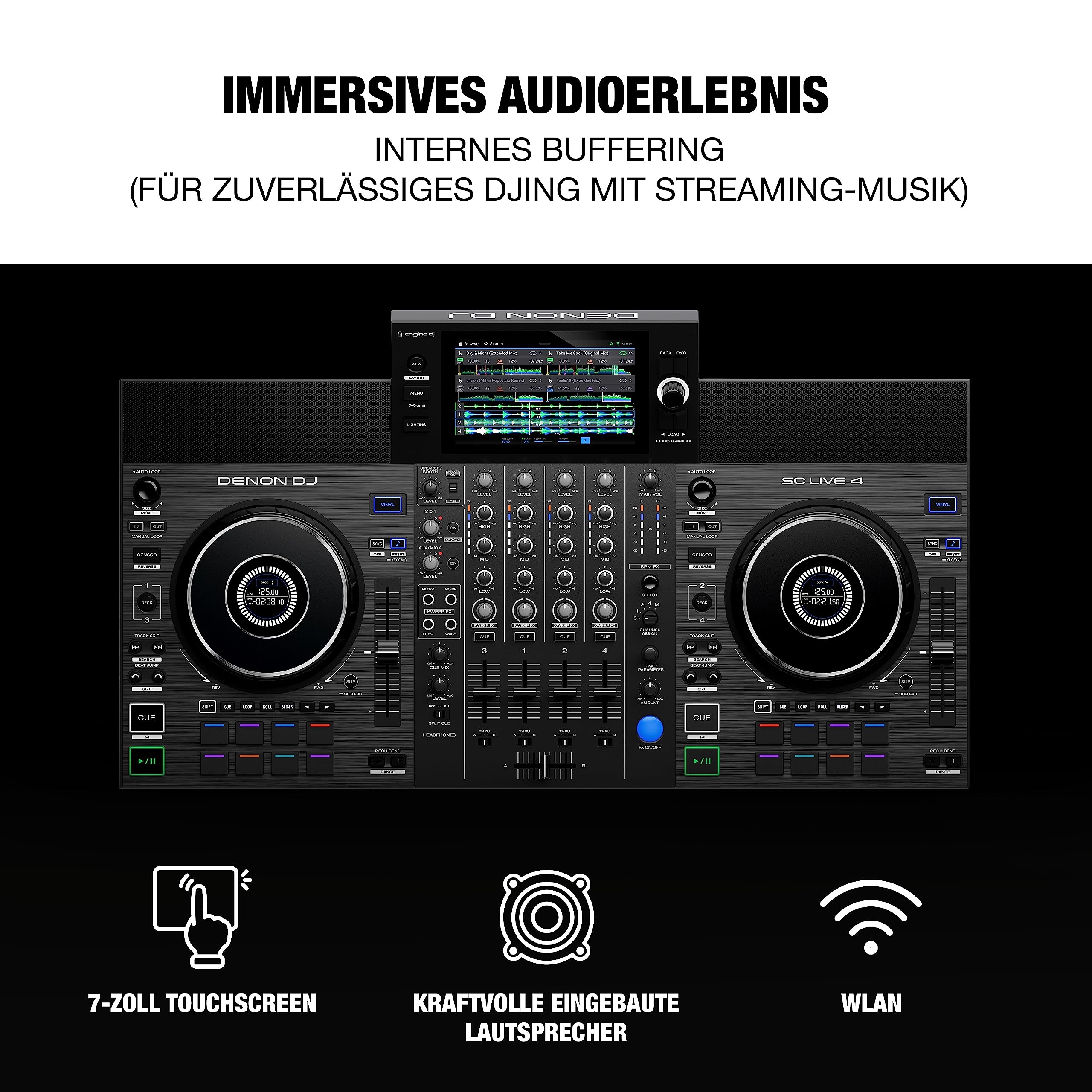 Denon DJ SC LIVE 4 und 2x Alto Professional TS410 - Standalone DJ-Controller, 4-Kanal Mixer, WLAN, Lautsprecher und 2x 2000W 10" Aktiver PA-Lautsprecher mit 3- Kanal Mixer, Bluetooth-Streaming und DSP
