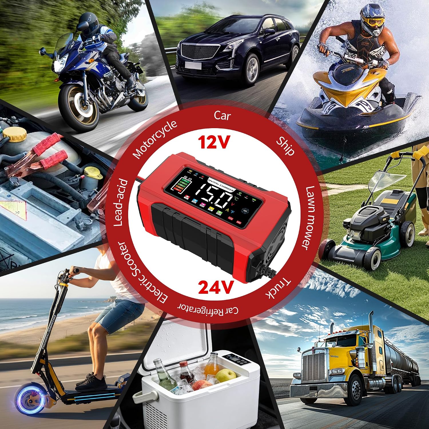 15A Battery Charger 12V/24V Smart Trickle Charger with 9-Stage, Battery Maintainer & Desulfator, Temperature Compensation for Car, Truck, Motorcycle, Boat, LiFePO4, Lead Acid (Red)