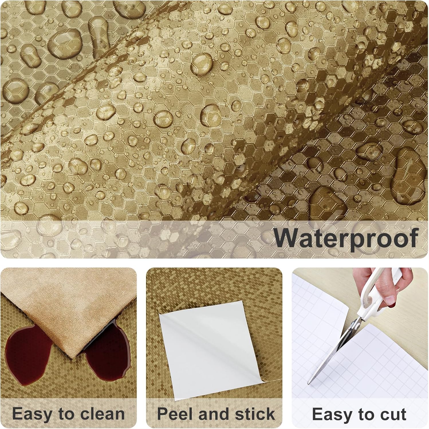 Gold Hexagon Metallic Wallpaper Peel and Stick Countertops Waterproof Honeycomb Metallic Contact Paper Textured Fridge Covers Metal Wall Paper for Cabinet Kitchen Backsplash Shelf Liner