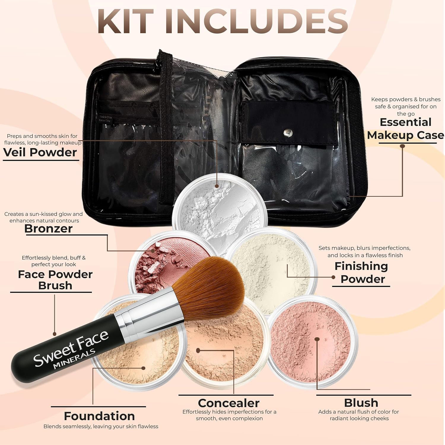 XXL KIT w/Brush & CASE (Warm Neutral Shade-Most Popular) Full Size Mineral Makeup Set Bare Skin Powder Foundation Cover - Image 2
