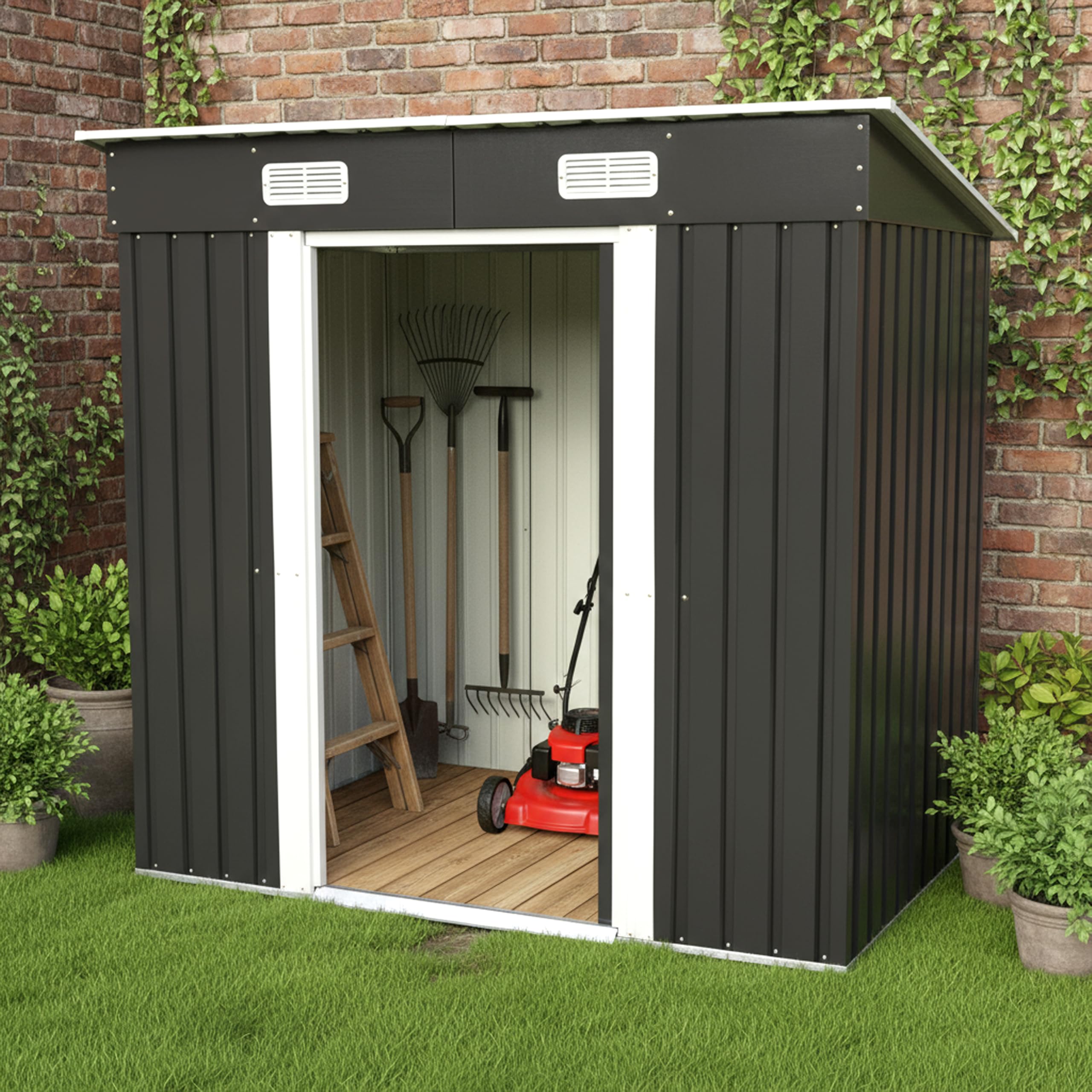 Garden Universe Metal Garden Shed 6' x 4' Pent Roof Storage Anthracite Grey FREE Base Frame GSP6-4AN