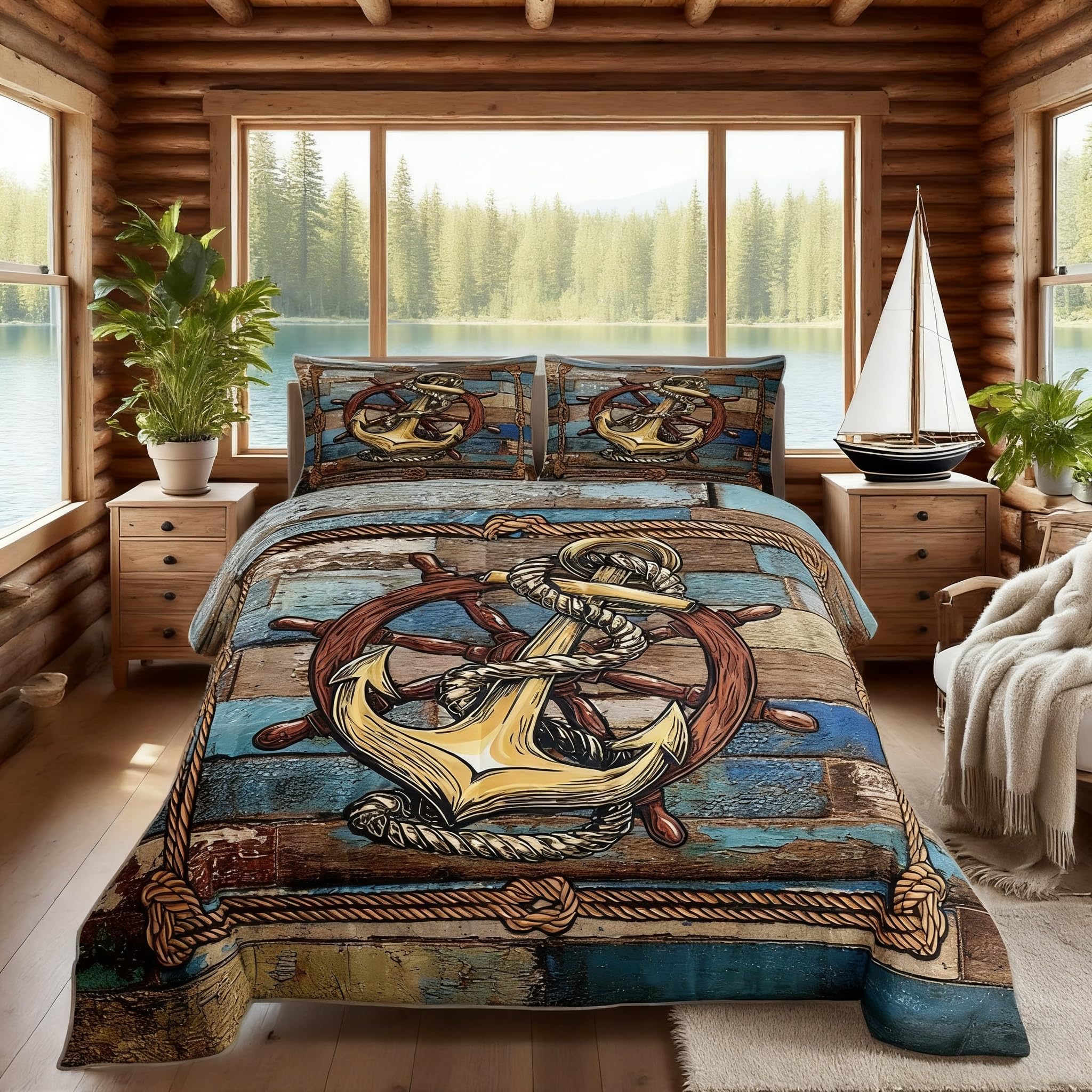 Parure de lit vintage ancre nautique enfant et adulte housse de couette rétro bleu marron