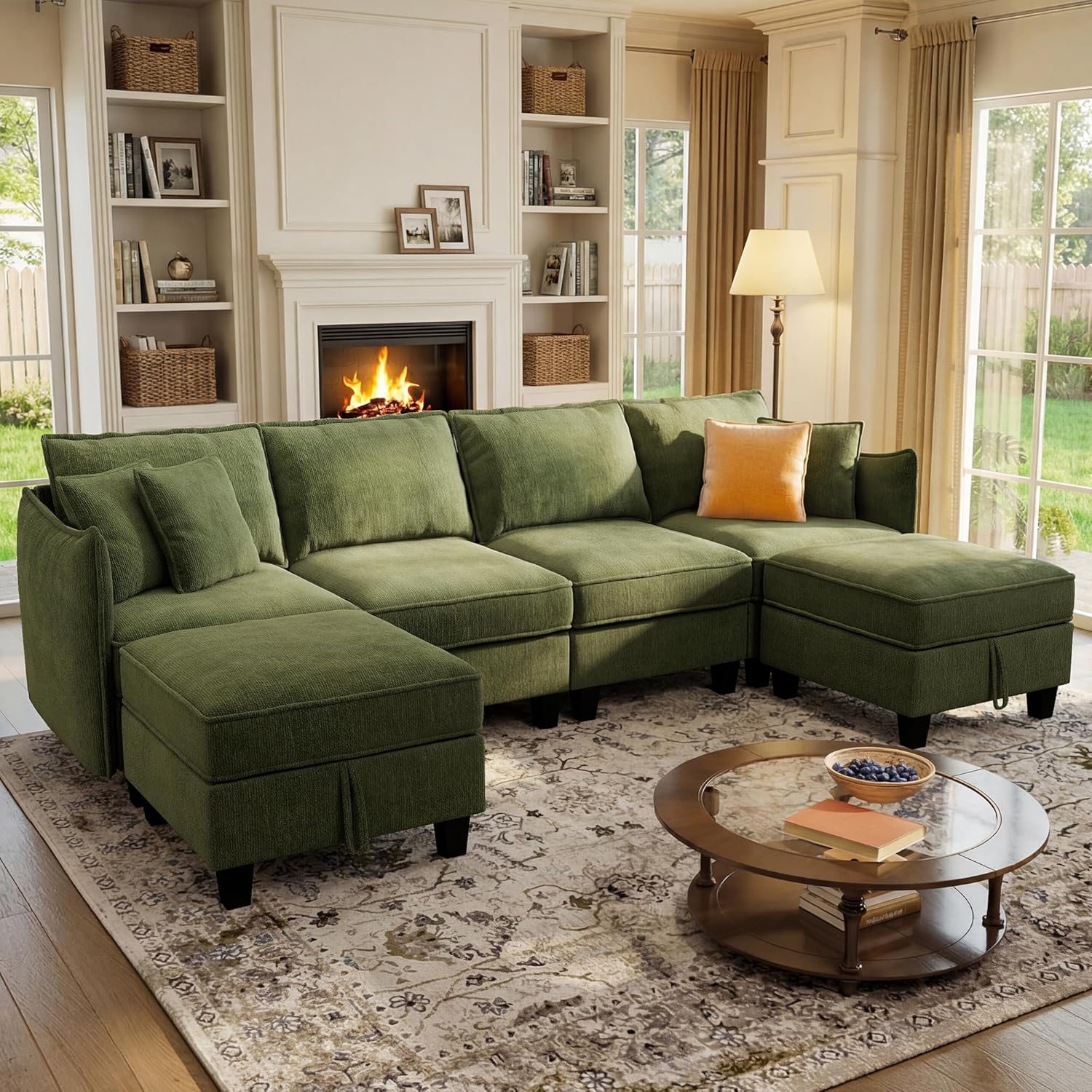 WorthFurni 112" Modular Sectional Sofa U Shape Couches with Storage Ottoman and Washable Cushion Cover for Living Room, Bedroom, Apartment(Green)