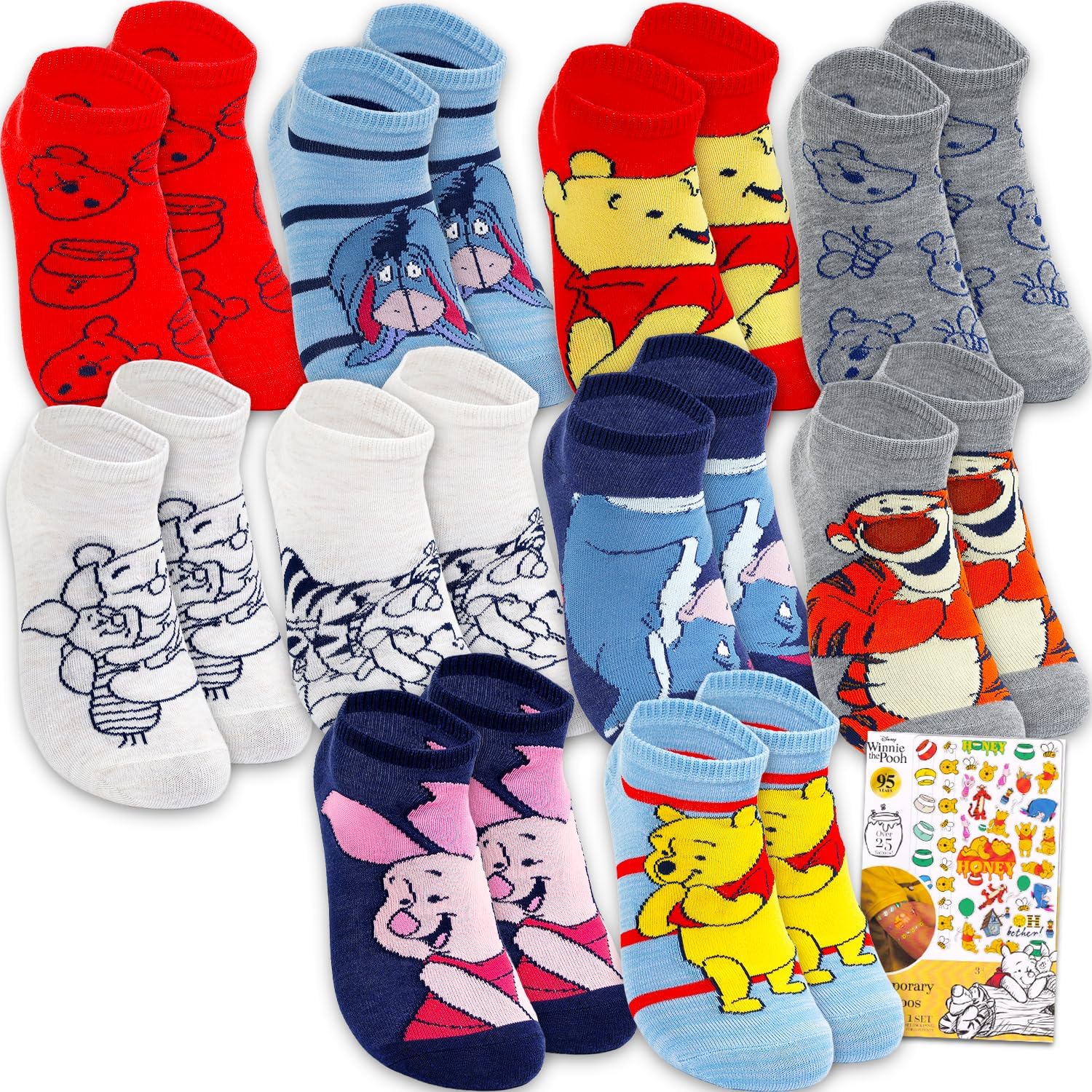 Winnie the Pooh Socks for Women - Bundle with 10 Pairs of Size 4-10 Socks for Women Plus Tattoos | Winnie the Pooh Apparel Set for Teens, Girls