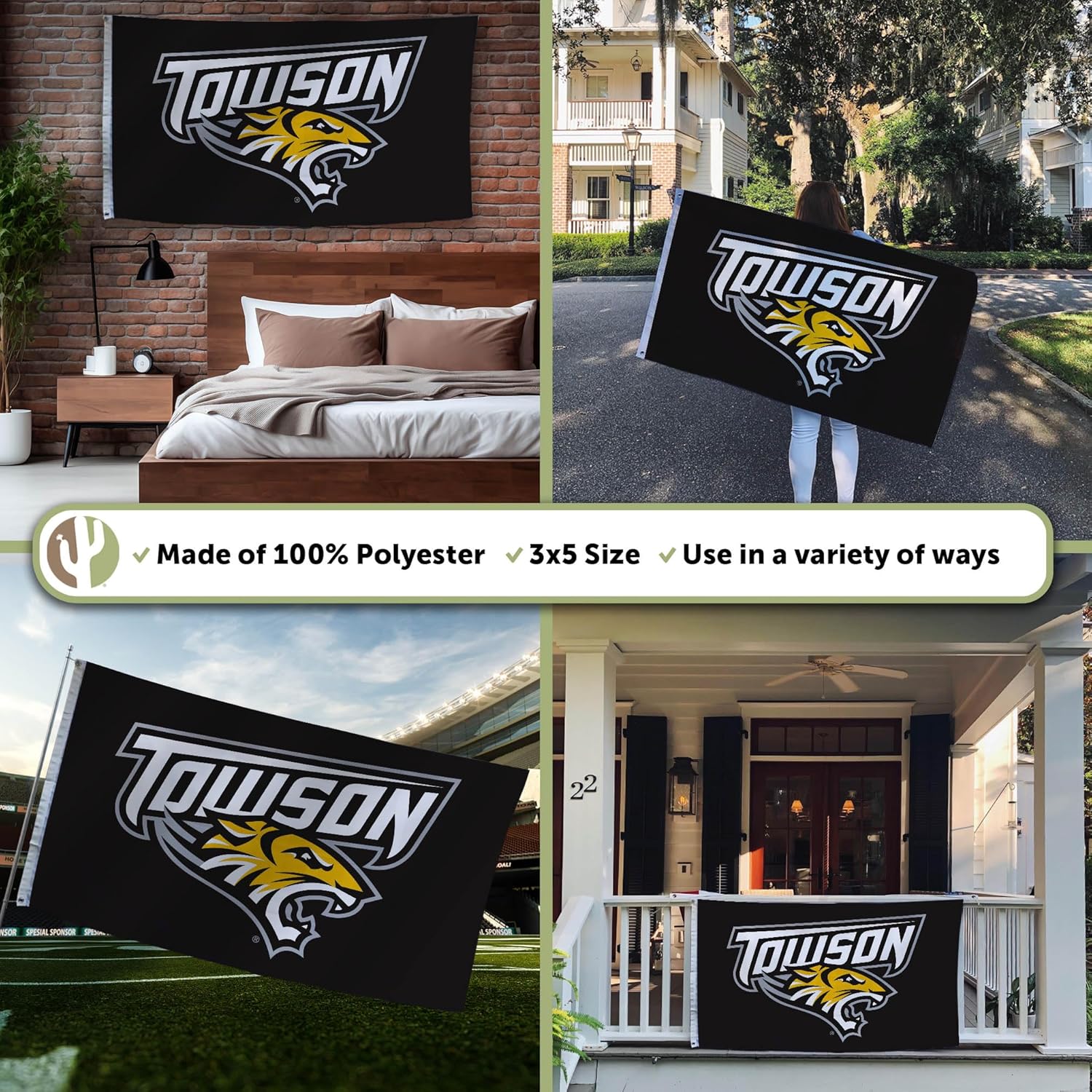 Desert Cactus Towson University TU Flag - 3 x 5 Feet Tigers Banner, Indoor/Outdoor Durable Fabric, 100% Polyester Design (Style 1) - Image 3