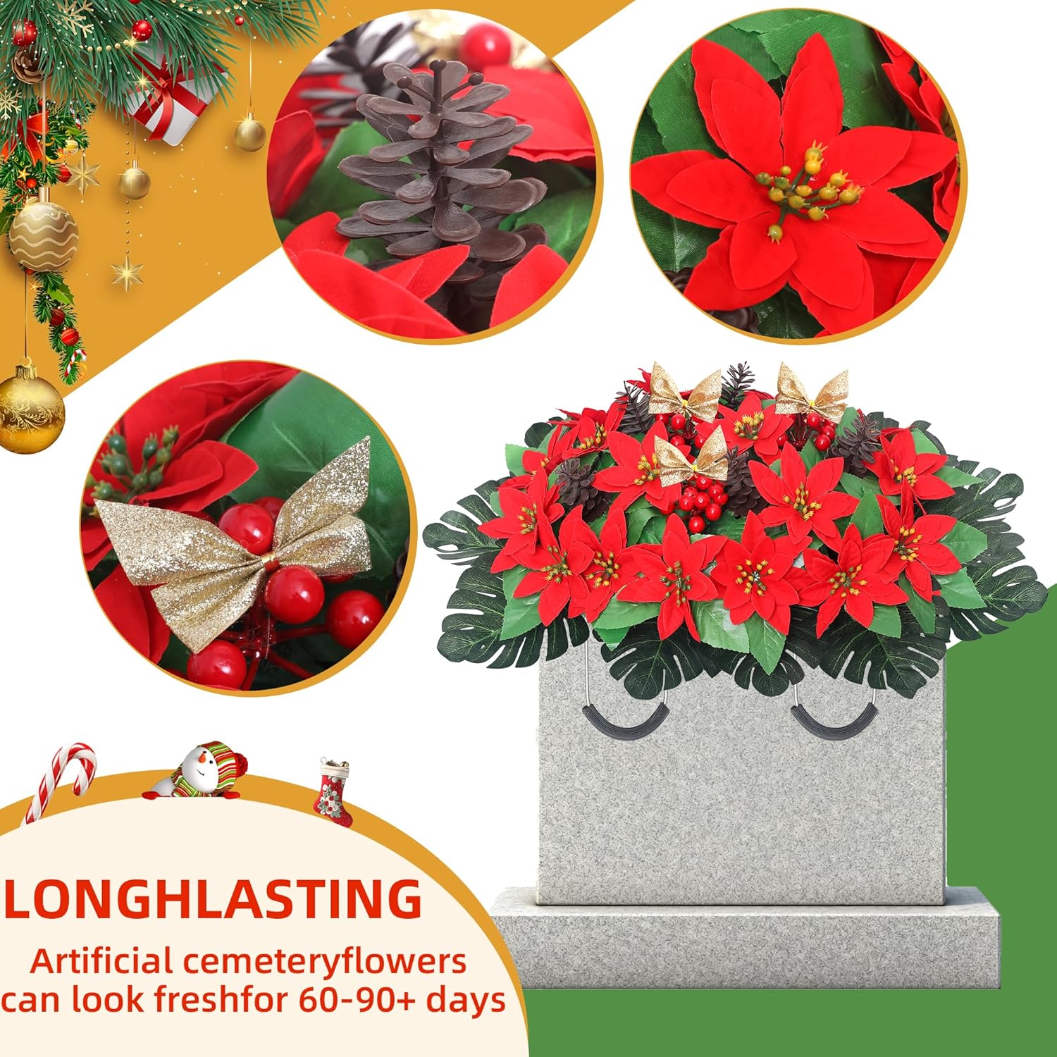 Christmas Headstone Flower Saddle Handcrafted Poinsettias Pine Cones Velvet Bow Cemetery Memorial Flowers for Outdoor Gravesite Tombstone Decorations (Red)