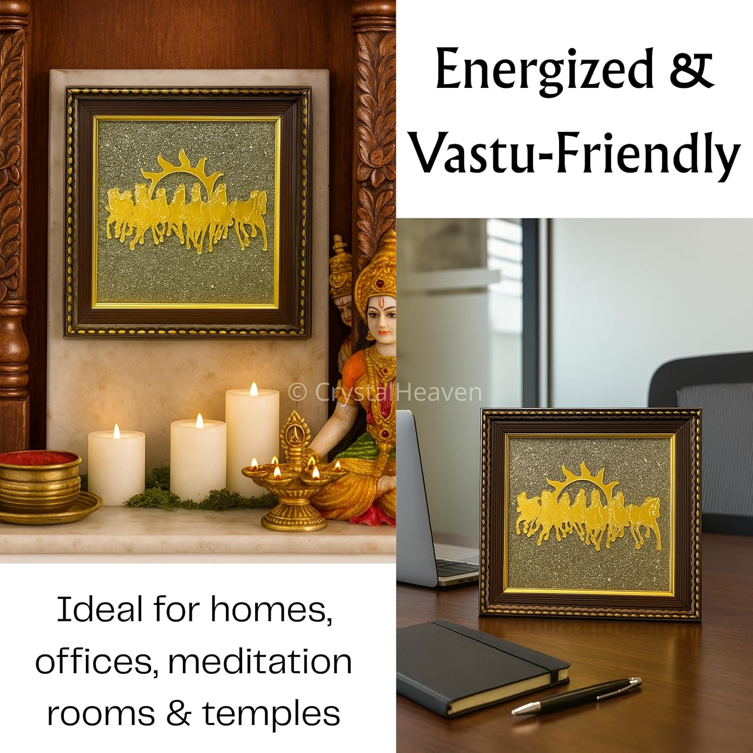 Pyrite Stone Frame with Vastu Seven Running Horses with Sun to Attract Money, Protection and Chakra Healing - Wooden Photo Frame Wall Decor Items for Living Room with Original Pyrite Dust for Money